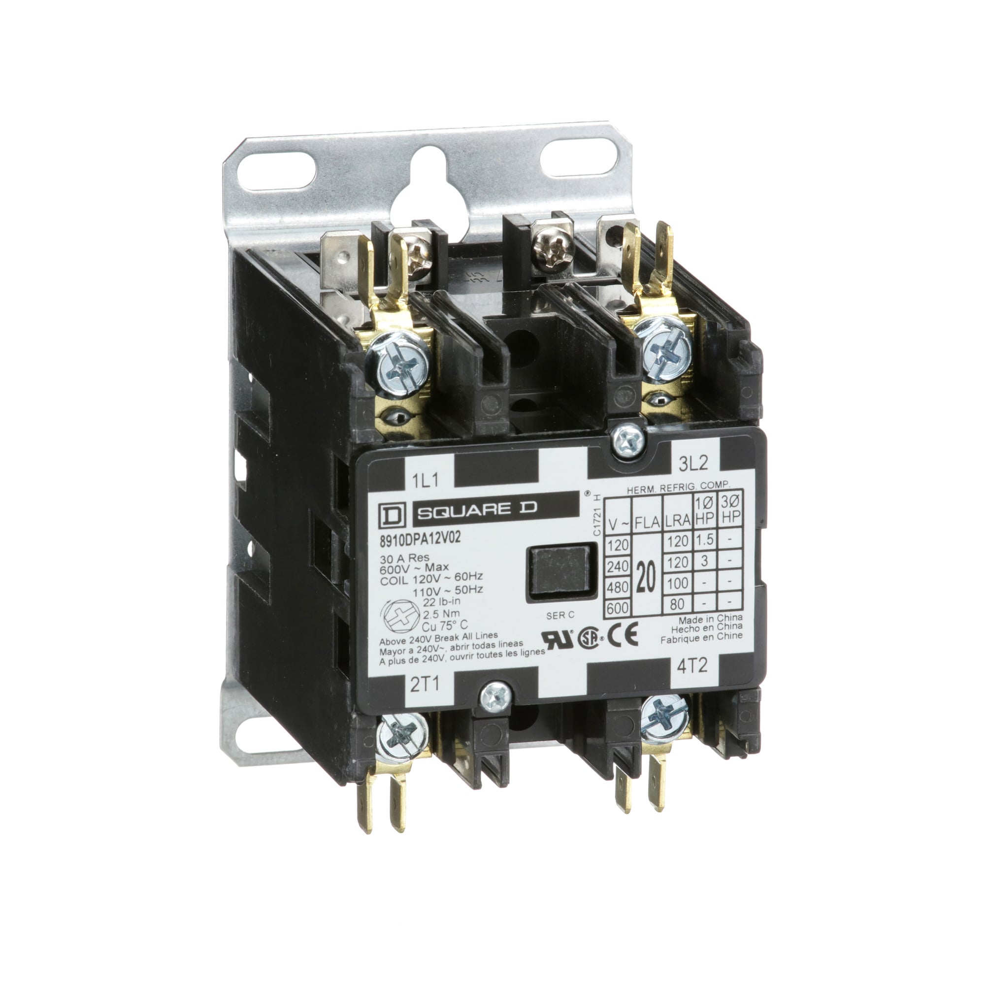 Square D,CONTACTOR 600VAC 20AMP DPA +OPTIONS,1-Phase,120 V AC 60 Hz-110 V AC 50 Hz,2 NO,2P,DPA,Definite Purpose Contactor,Ideal for heating, air conditioning, refrigeration, data processing and food service equipment.,Panel,Quick Connect/Binder Head Screw,UL Recognized - CSA Certified - CE Marked