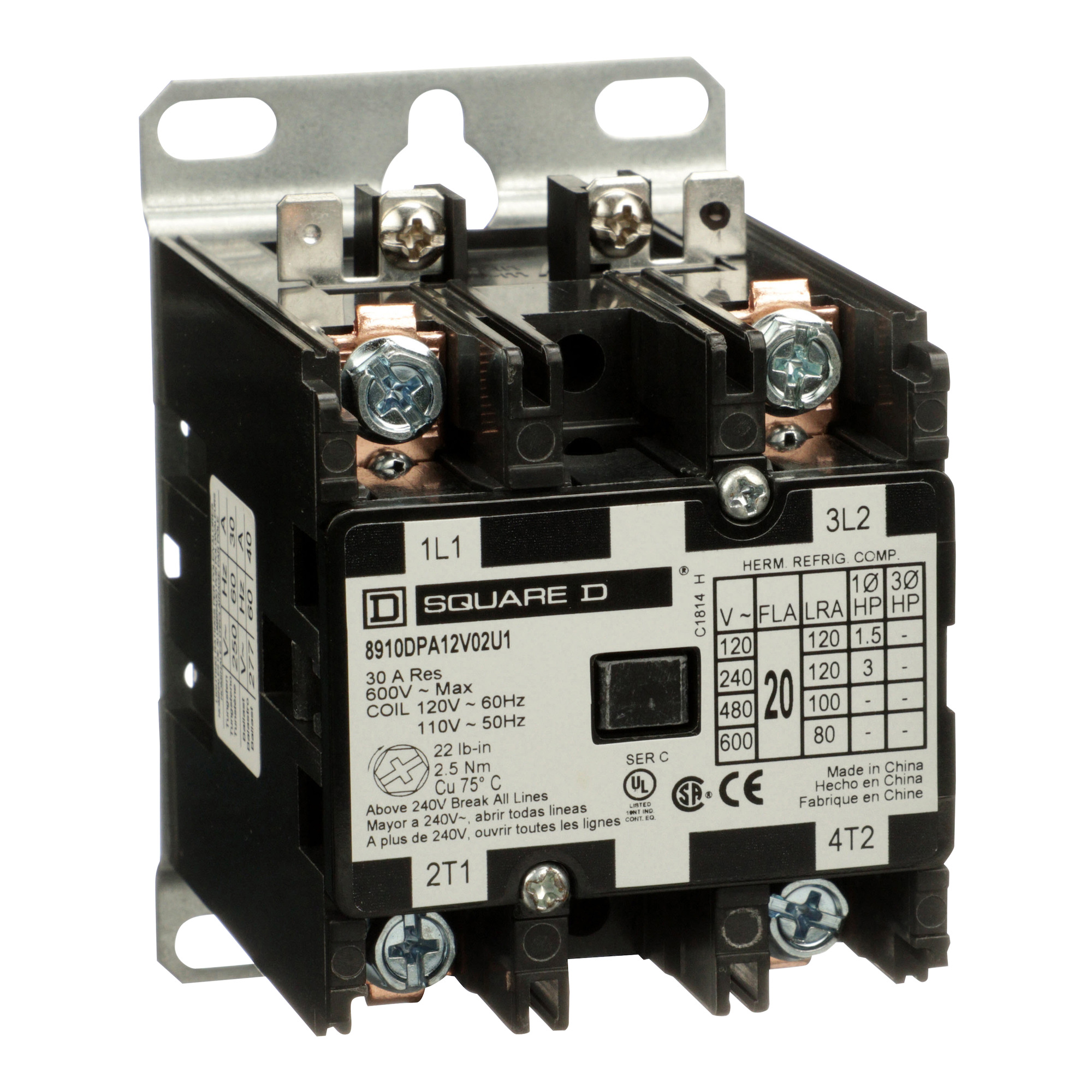 Square D,CONTACTOR 600VAC 20AMP DPA +OPTIONS,1-Phase,120VAC@60Hz - 110VAC@50Hz,2-Pole,Definite Purpose Contactor,Ideal for heating, air conditioning, refrigeration, data processing and food service equipment.,Panel,Quick Connect/Binder Head Screw,UL Listed - CSA Certified - CE Marked