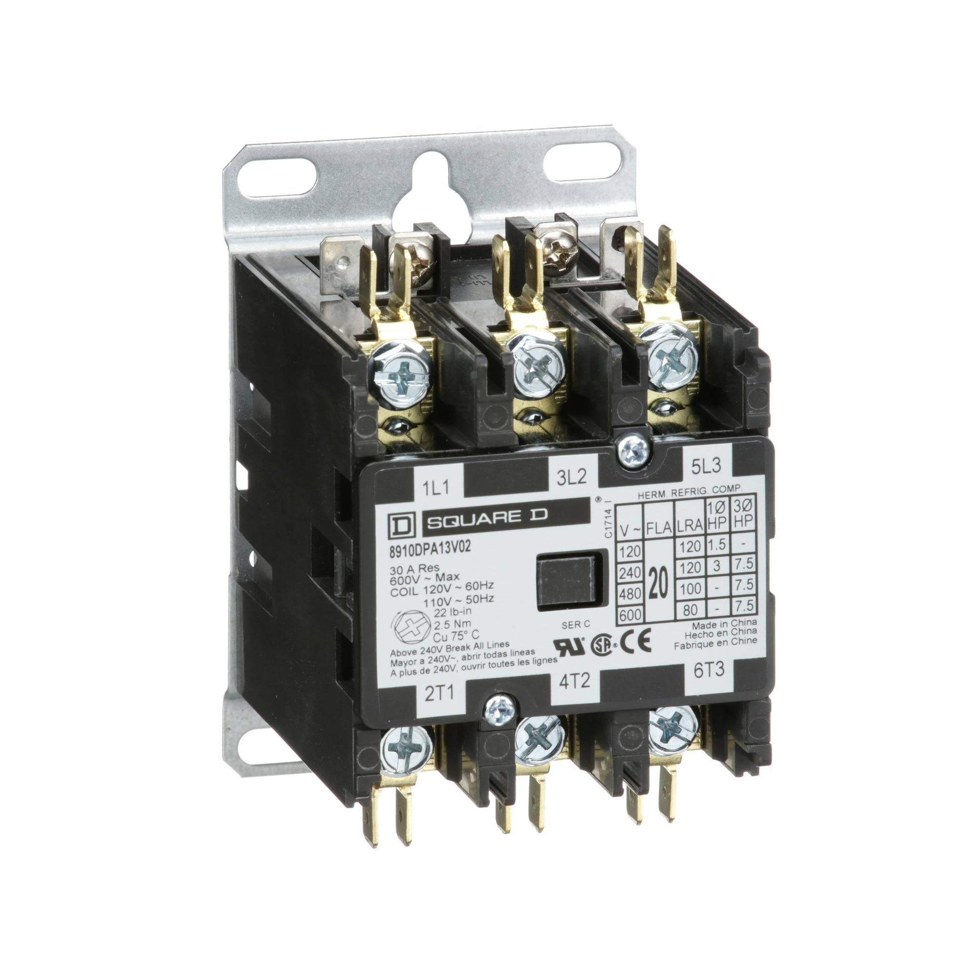 Square D,CONTACTOR 600VAC 20AMP DPA +OPTIONS,110 V AC 50 Hz-120 V AC 60 Hz,3 NO,3-Phase,3P,DPA,Definite Purpose Contactor,Ideal for heating, air conditioning, refrigeration, data processing and food service equipment.,Panel,Quick Connect/Binder Head Screw,UL Recognized - CSA Certified - CE Marked
