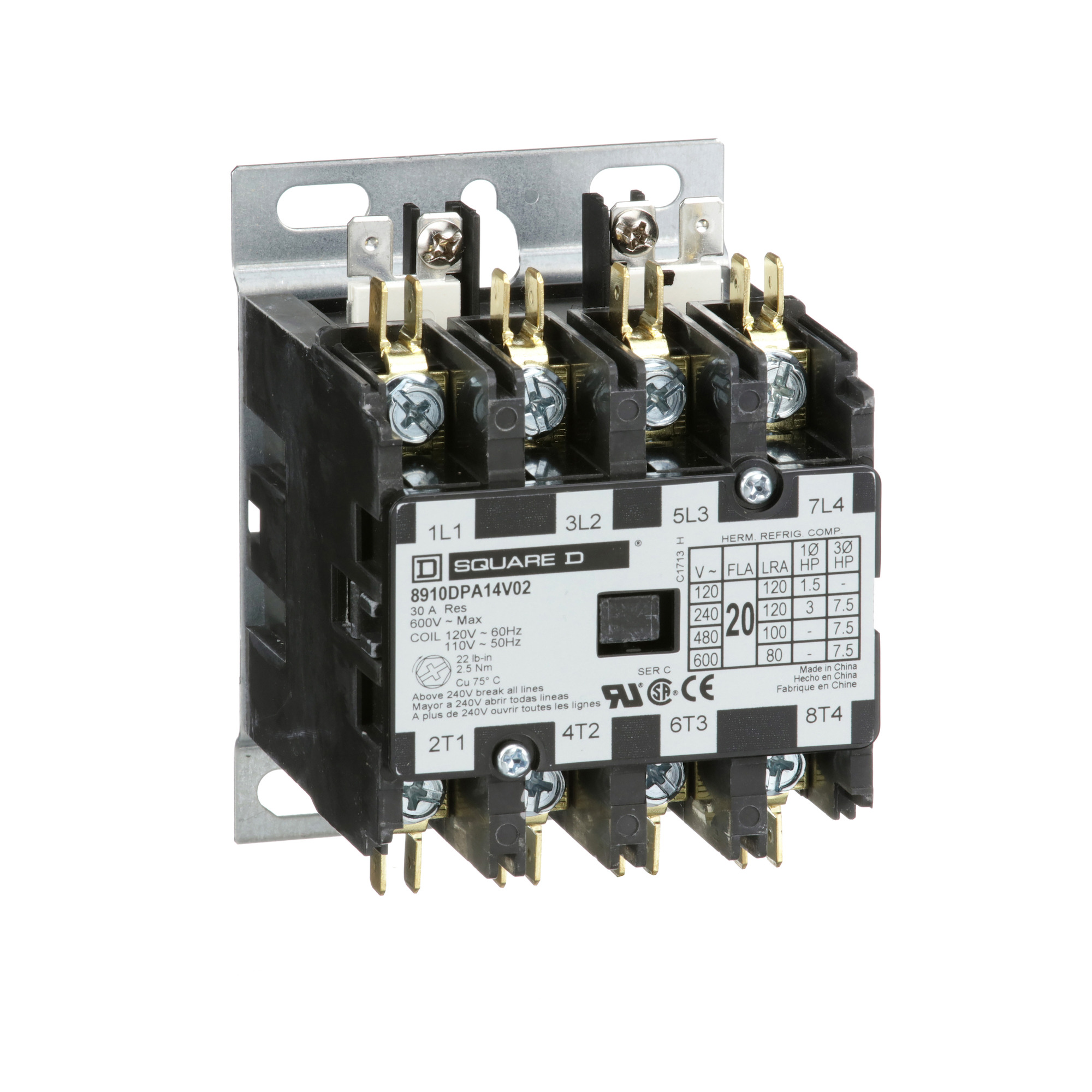 Square D,CONTACTOR 600VAC 20AMP DPA +OPTIONS,110 V AC 50 Hz-120 V AC 60 Hz,3-Phase,4 NO,4P,DPA,Definite Purpose Contactor,Ideal for heating, air conditioning, refrigeration, data processing and food service equipment.,Panel,Quick Connect/Binder Head Screw,UL Recognized - CSA Certified - CE Marked