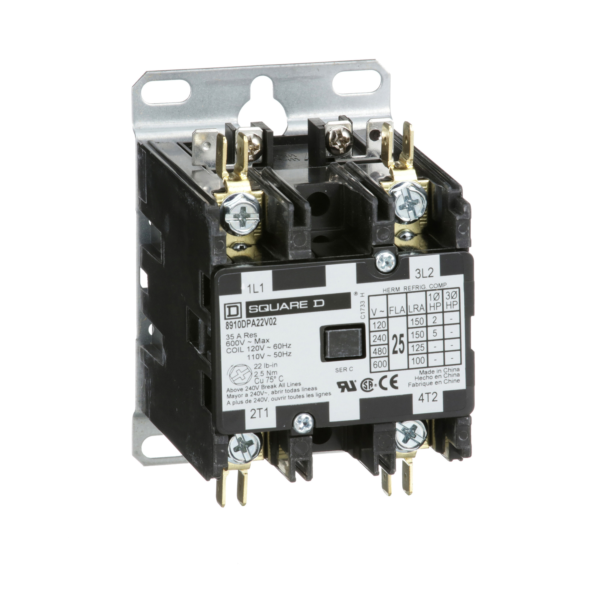 Square D,CONTACTOR 600VAC 25AMP DPA +OPTIONS,1-Phase,110 V AC 50 Hz-120 V AC 60 Hz,2 NO,2P,DPA,Definite Purpose Contactor,Ideal for heating, air conditioning, refrigeration, data processing and food service equipment.,Panel,Quick Connect/Binder Head Screw,UL Recognized - CSA Certified - CE Marked