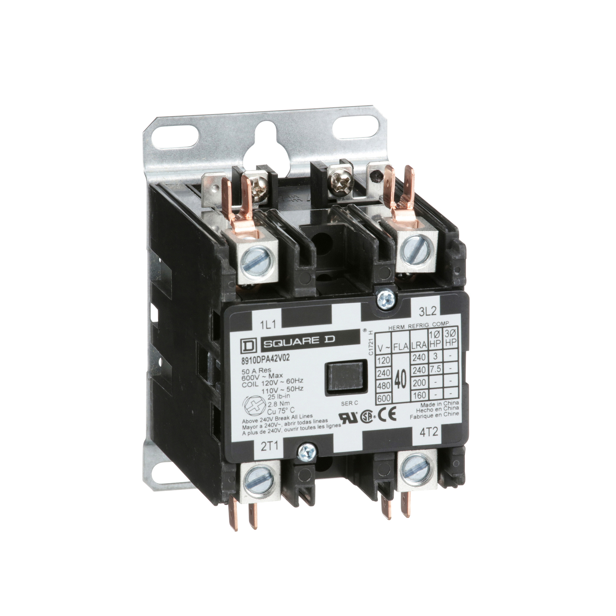 Square D,CONTACTOR 600VAC 25AMP DPA +OPTIONS,1-Phase,2 NO,220 V AC 50 Hz-208...240 V AC 60 Hz,2P,DPA,Definite Purpose Contactor,Ideal for heating, air conditioning, refrigeration, data processing and food service equipment.,Panel,Quick Connect/Binder Head Screw,UL Recognized - CSA Certified - CE Marked