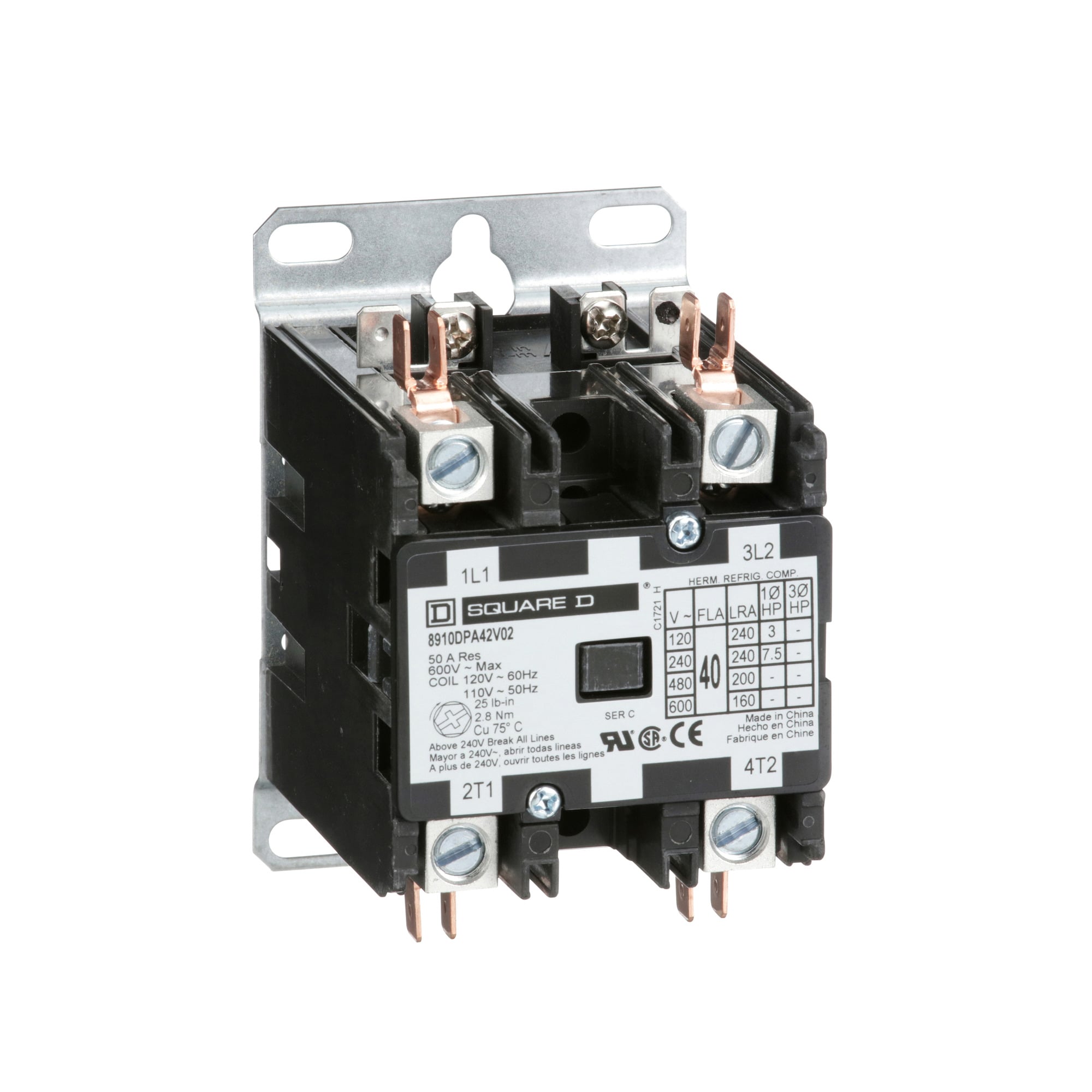Square D,CONTACTOR 600VAC 25AMP DPA +OPTIONS,1-Phase,2 NO,24 V AC 50/60 Hz,2P,DPA,Definite Purpose Contactor,Ideal for heating, air conditioning, refrigeration, data processing and food service equipment.,Panel,Quick Connect/Binder Head Screw,UL Recognized - CSA Certified - CE Marked