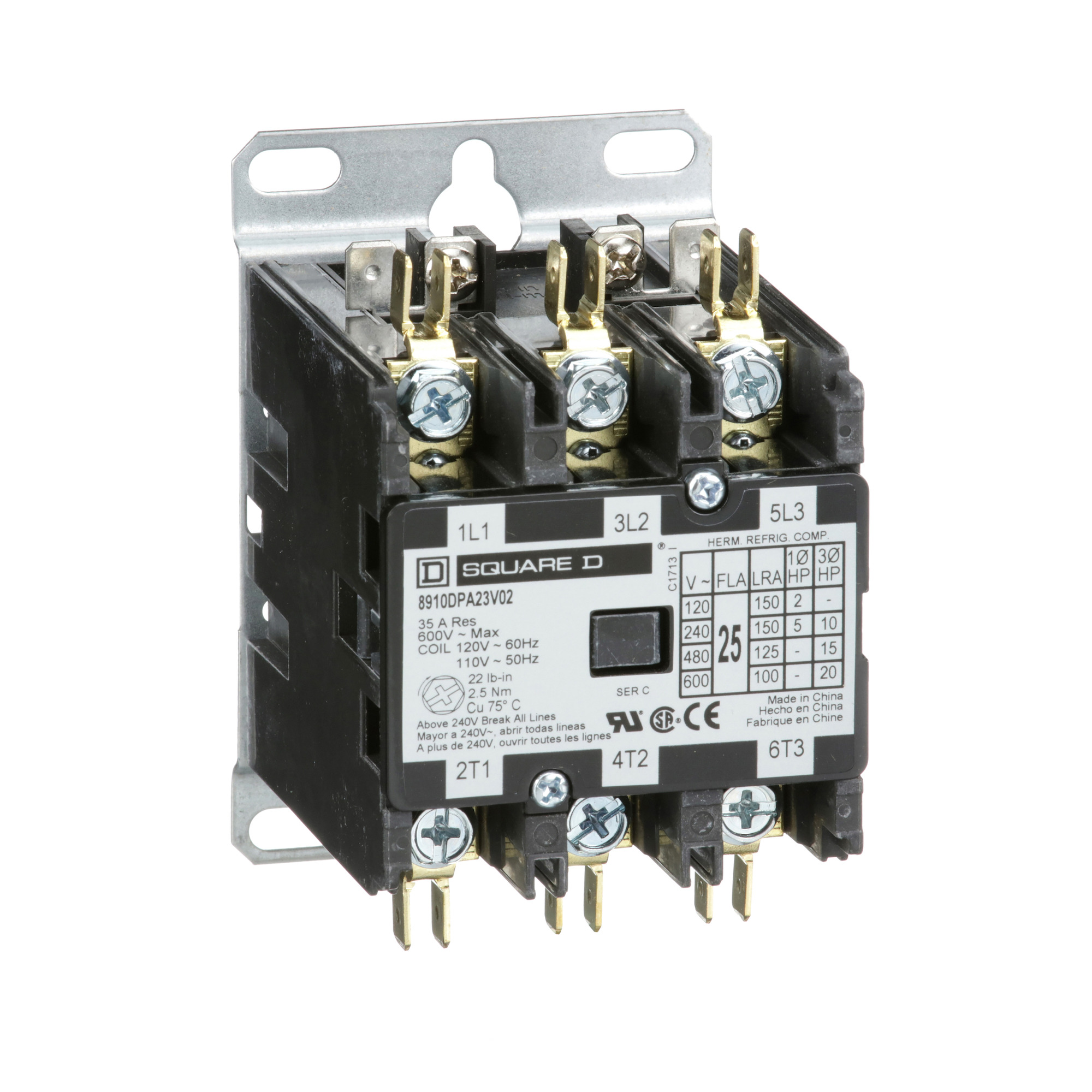 Square D,CONTACTOR 600VAC 25AMP DPA +OPTIONS,120 V AC 60 Hz-110 V AC 50 Hz,3 NO,3-Phase,3P,DPA,Definite Purpose Contactor,Ideal for heating, air conditioning, refrigeration, data processing and food service equipment.,Panel,Quick Connect/Binder Head Screw,UL Recognized - CSA Certified - CE Marked