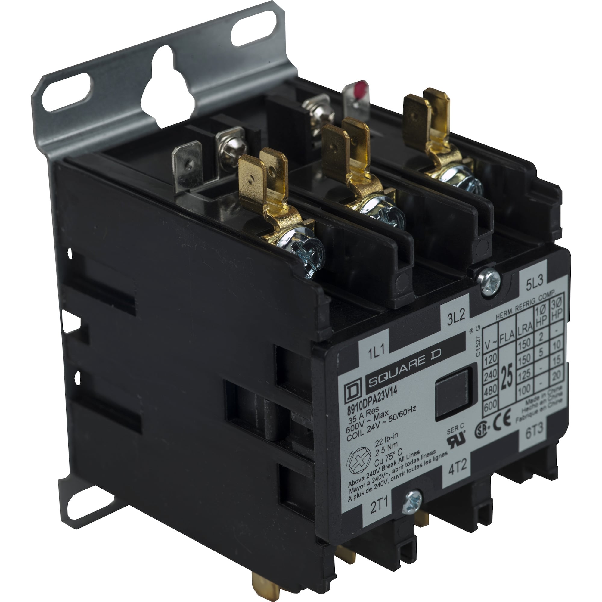 Square D,CONTACTOR 600VAC 25AMP DPA +OPTIONS,24 V AC 50/60 Hz,3 NO,3-Phase,3P,DPA,Definite Purpose Contactor,Ideal for heating, air conditioning, refrigeration, data processing and food service equipment.,Panel,Quick Connect/Binder Head Screw,UL Recognized - CSA Certified - CE Marked