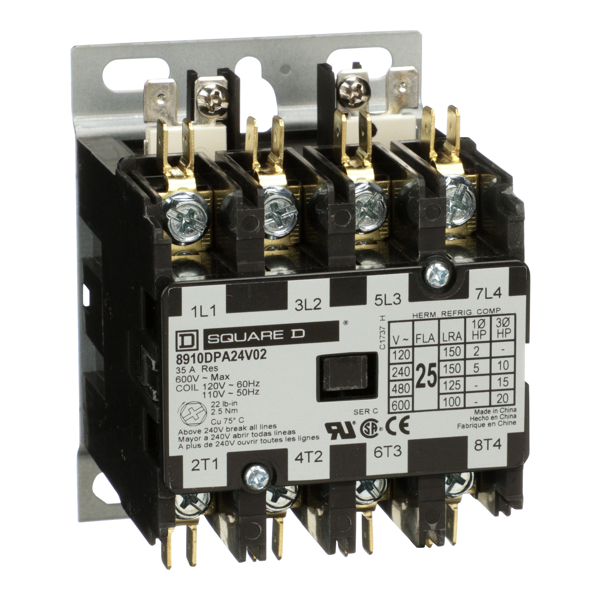Square D,CONTACTOR 600VAC 25AMP DPA +OPTIONS,120 V AC 60 Hz-110 V AC 50 Hz,3-Phase,4 NO,4P,DPA,Definite Purpose Contactor,Ideal for heating, air conditioning, refrigeration, data processing and food service equipment.,Panel,Quick Connect/Binder Head Screw,UL Recognized - CSA Certified - CE Marked