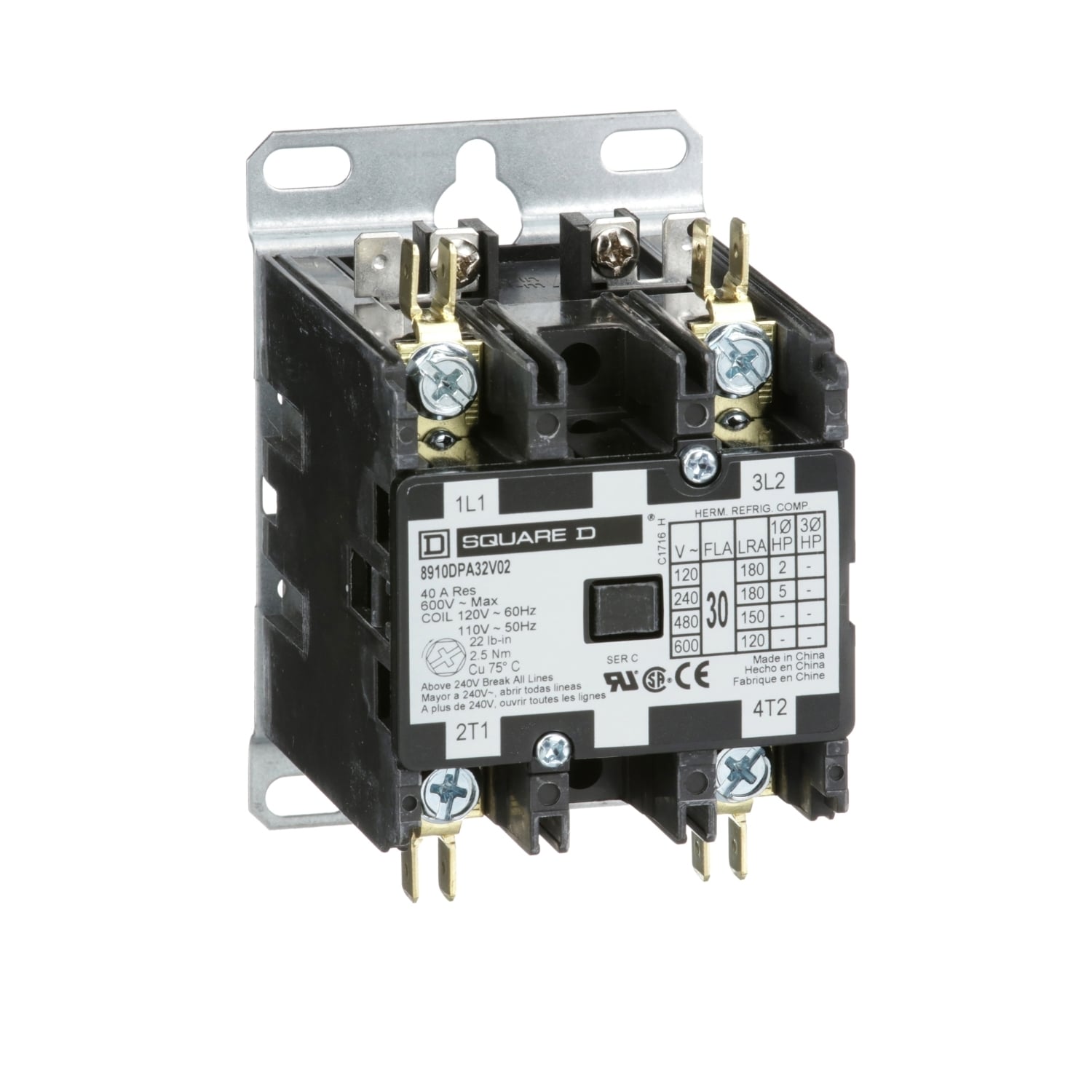 Contactor, Definite Purpose, 30A, 2 pole, 5HP at 230VAC, 1 phase, 110/120VAC coil at 50/60Hz, open