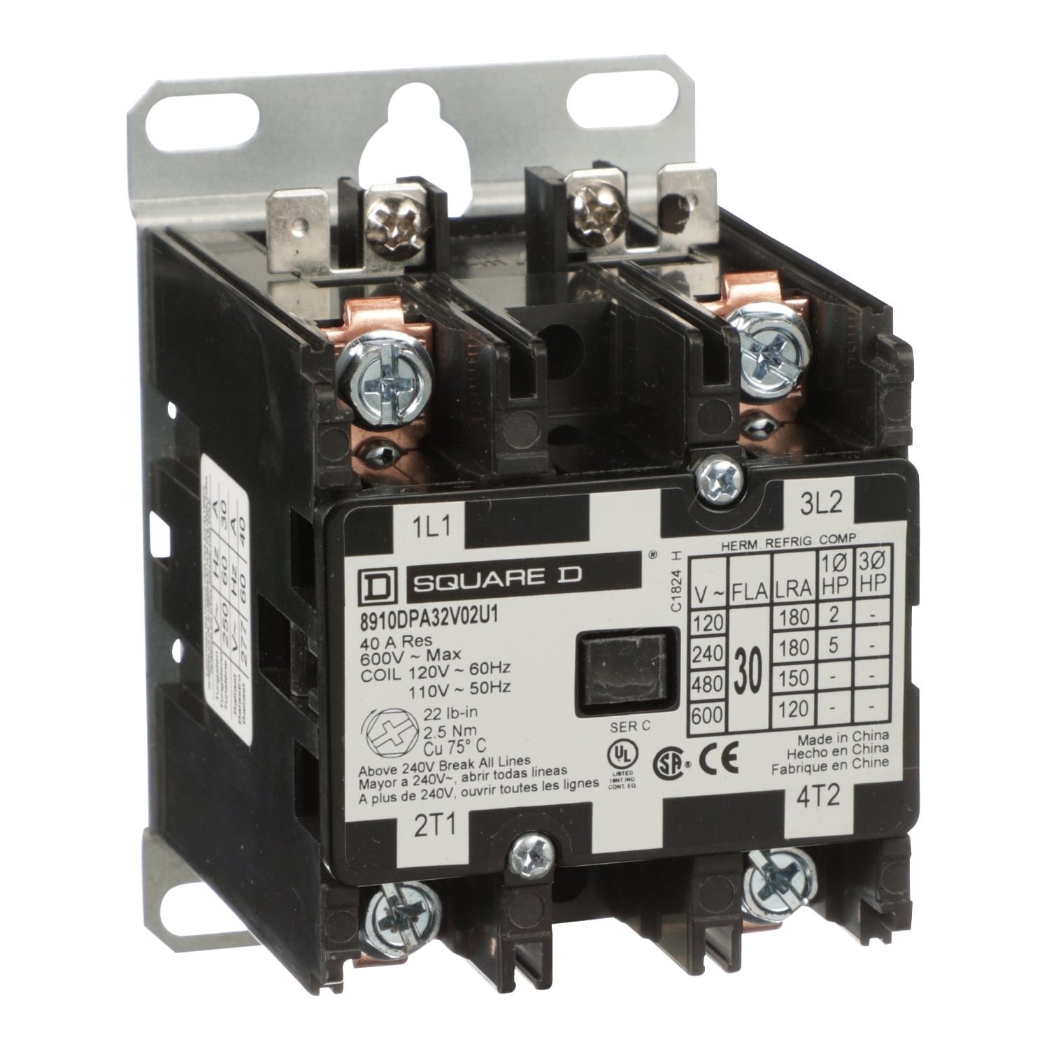 Contactor, Definite Purpose, 30A, 2 pole, 5HP at 230VAC, 1 phase, 110/120VAC 50/60Hz coil, open, UL Listed