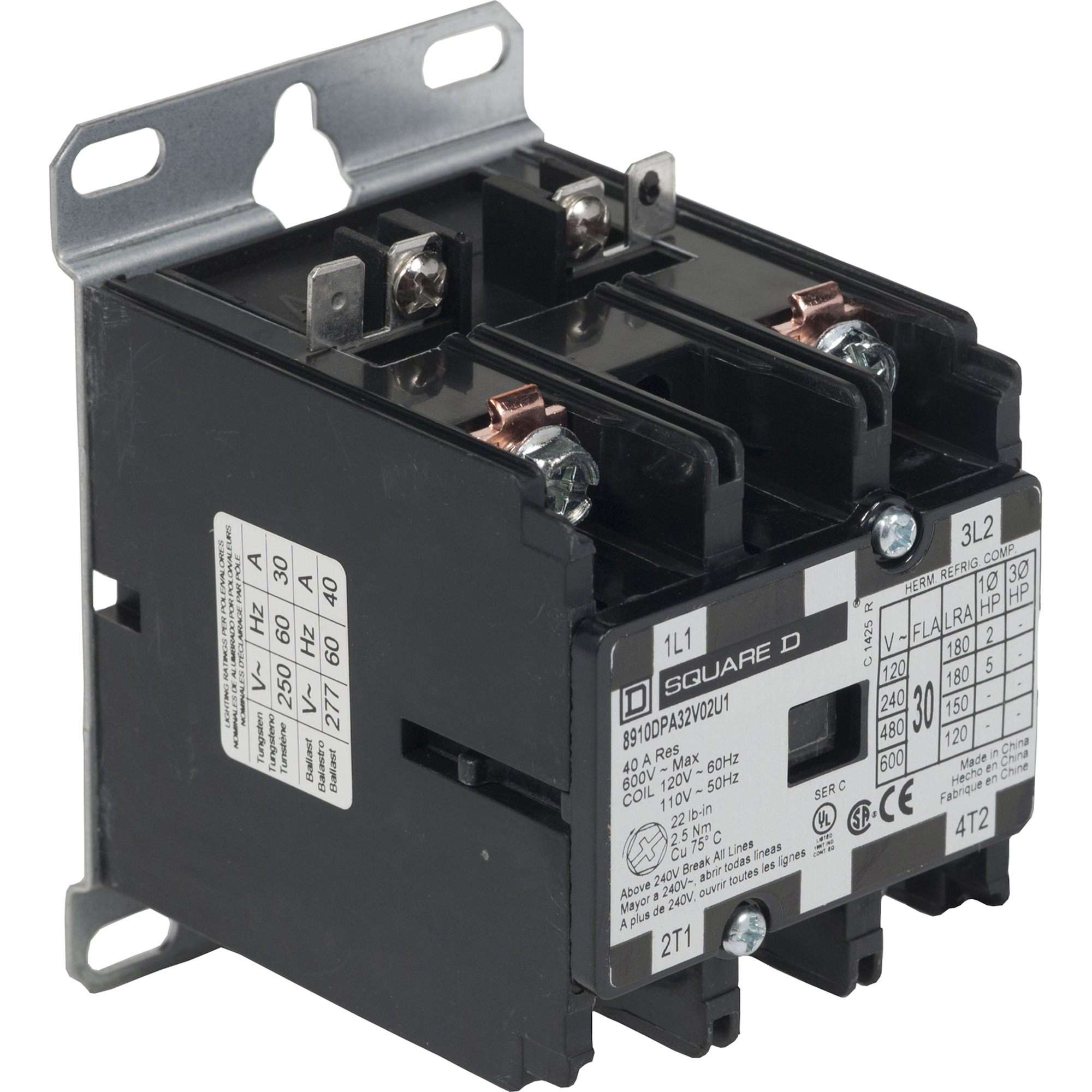Contactor, Definite Purpose,  30A, 2 pole, 5 HP at 230 VAC, 1 phase, 208/240 VAC 60 Hz 220 VAC 50 Hz coil, UL Listed