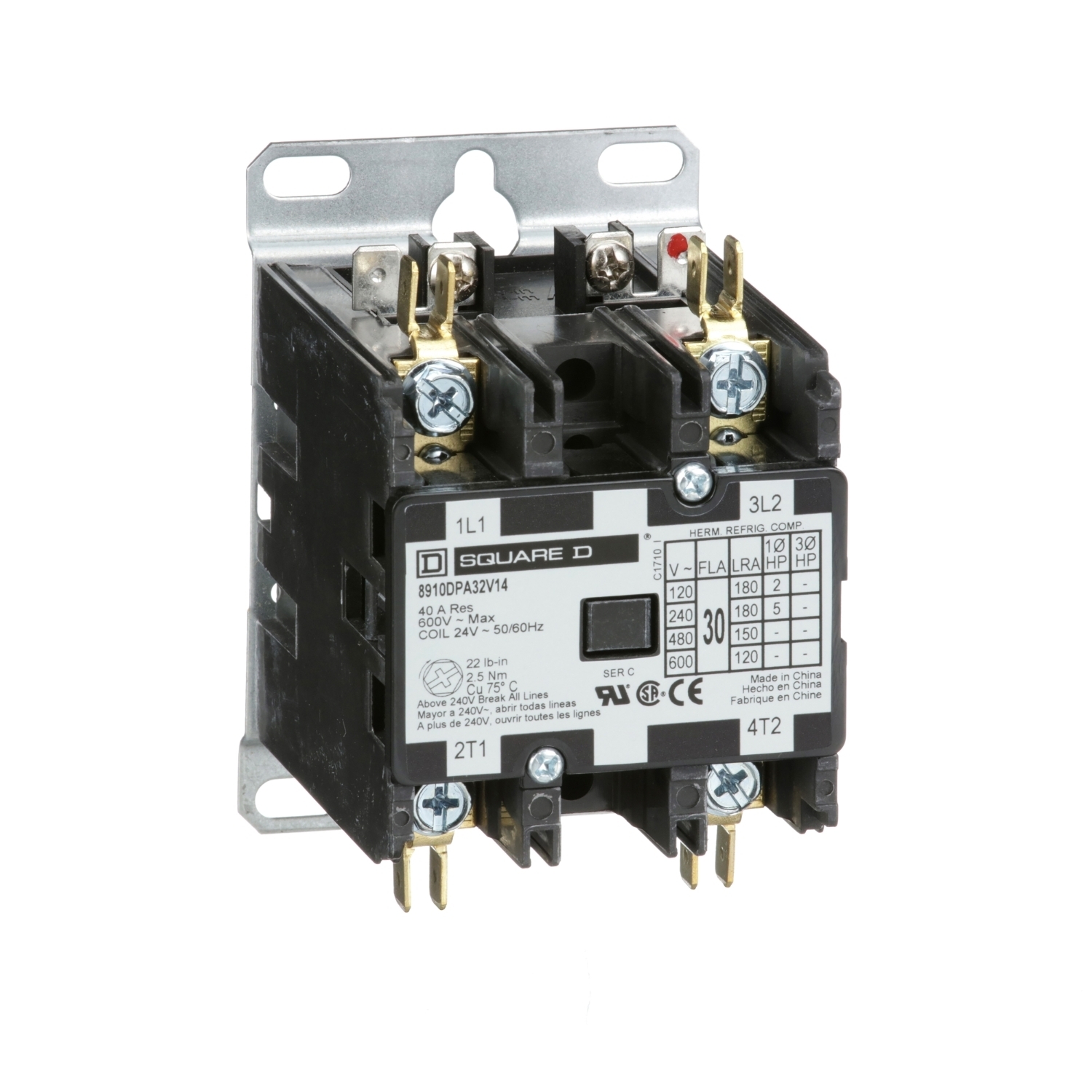 Contactor, Definite Purpose, 30A, 2 pole, 5HP at 230VAC, 1 phase, 24VAC coil at 50/60Hz, open