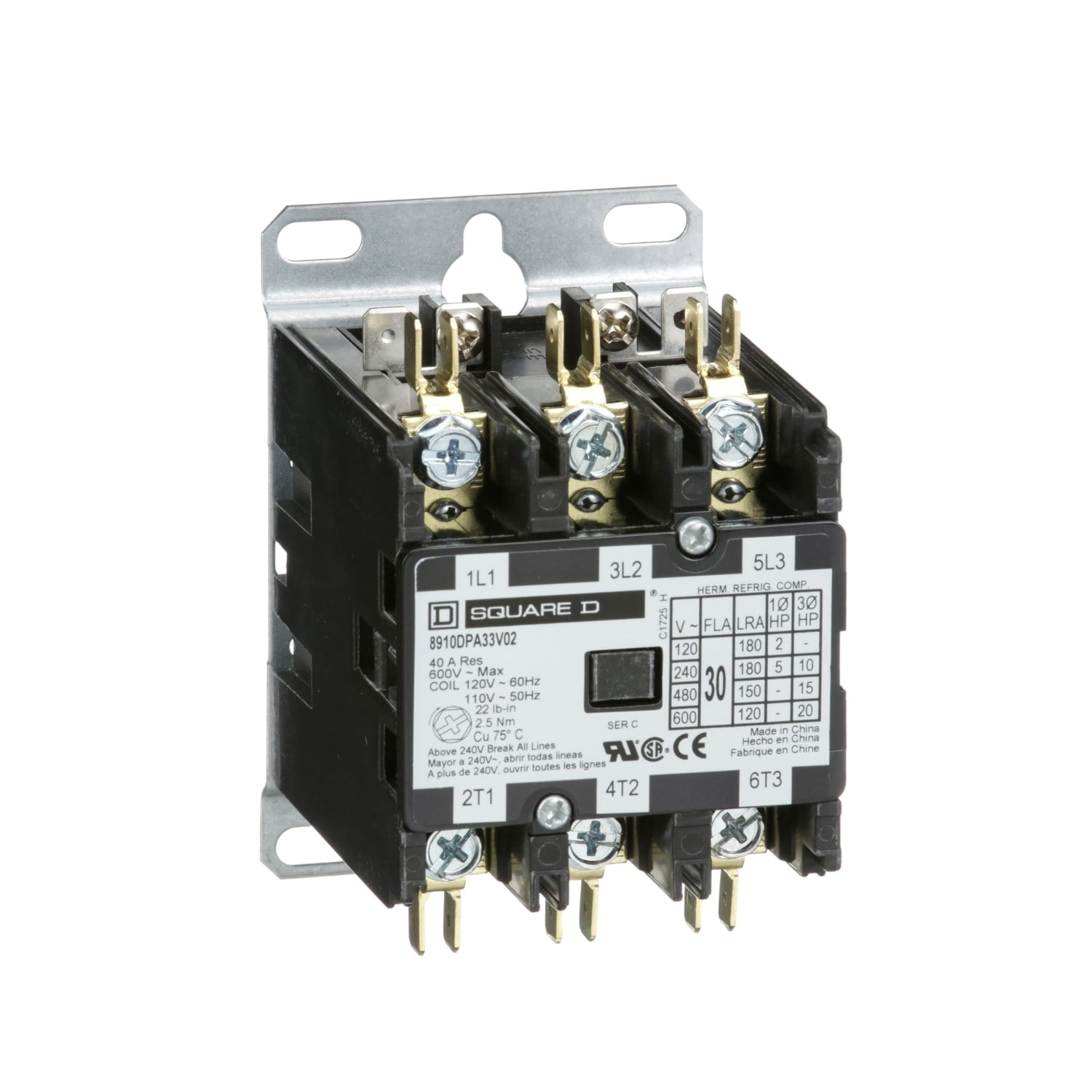 Contactor, Definite Purpose, 30A, 3 pole, 20HP at 575VAC, 3 phase, 110/120VAC 50/60Hz coil, open