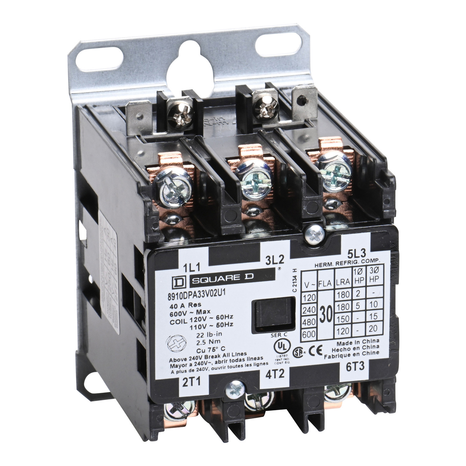Contactor, Definite Purpose, 30A, 3 pole, 20HP at 575VAC, 3 phase, 110/120VAC 50/60Hz coil, open, UL Listed