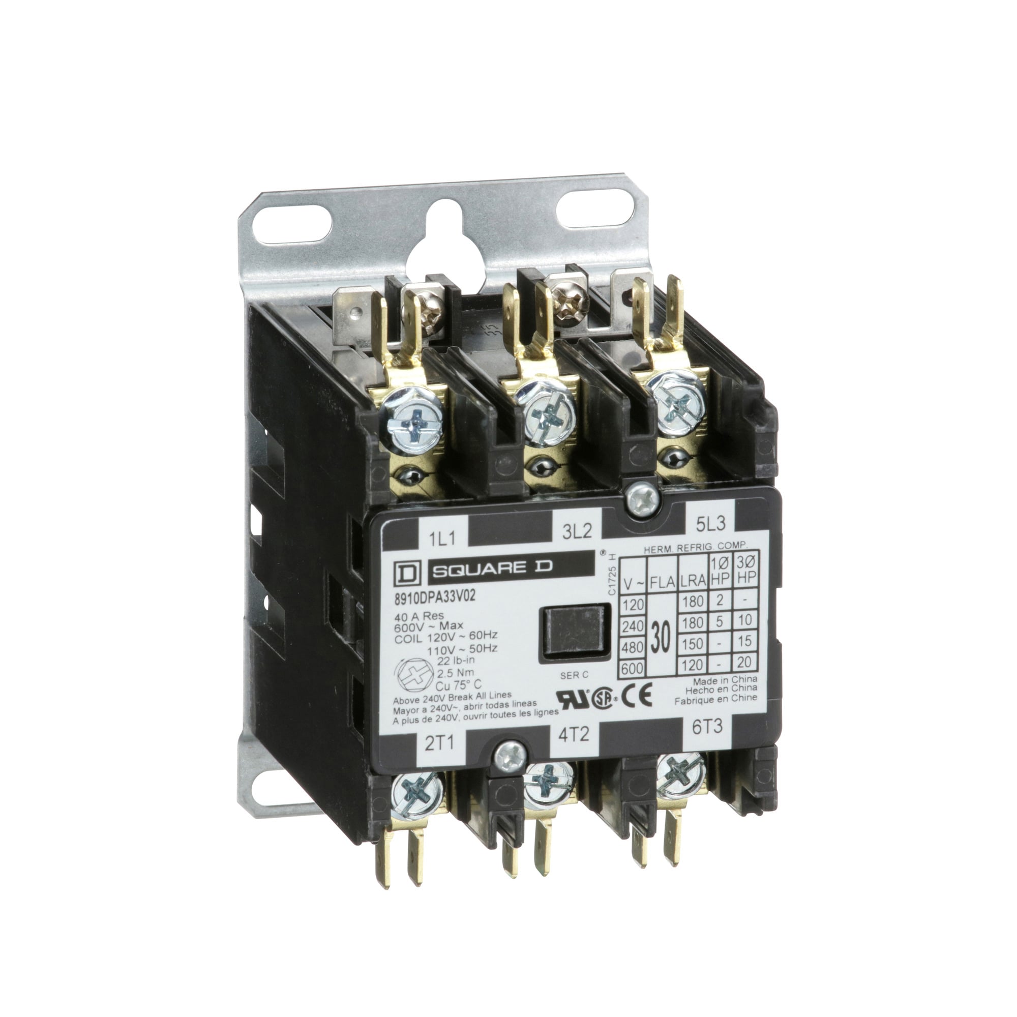 Contactor, Definite Purpose,  30A, 3 pole, 20 HP at 575 VAC, 3 phase, 110/120 VAC 50/60 Hz coil, open, CU/AL box lugs