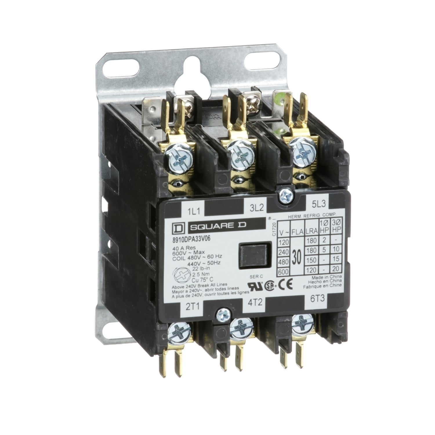 Contactor, Definite Purpose, 30A, 3 pole, 20HP at 575VAC, 3 phase, 440/480VAC 50/60Hz coil, open