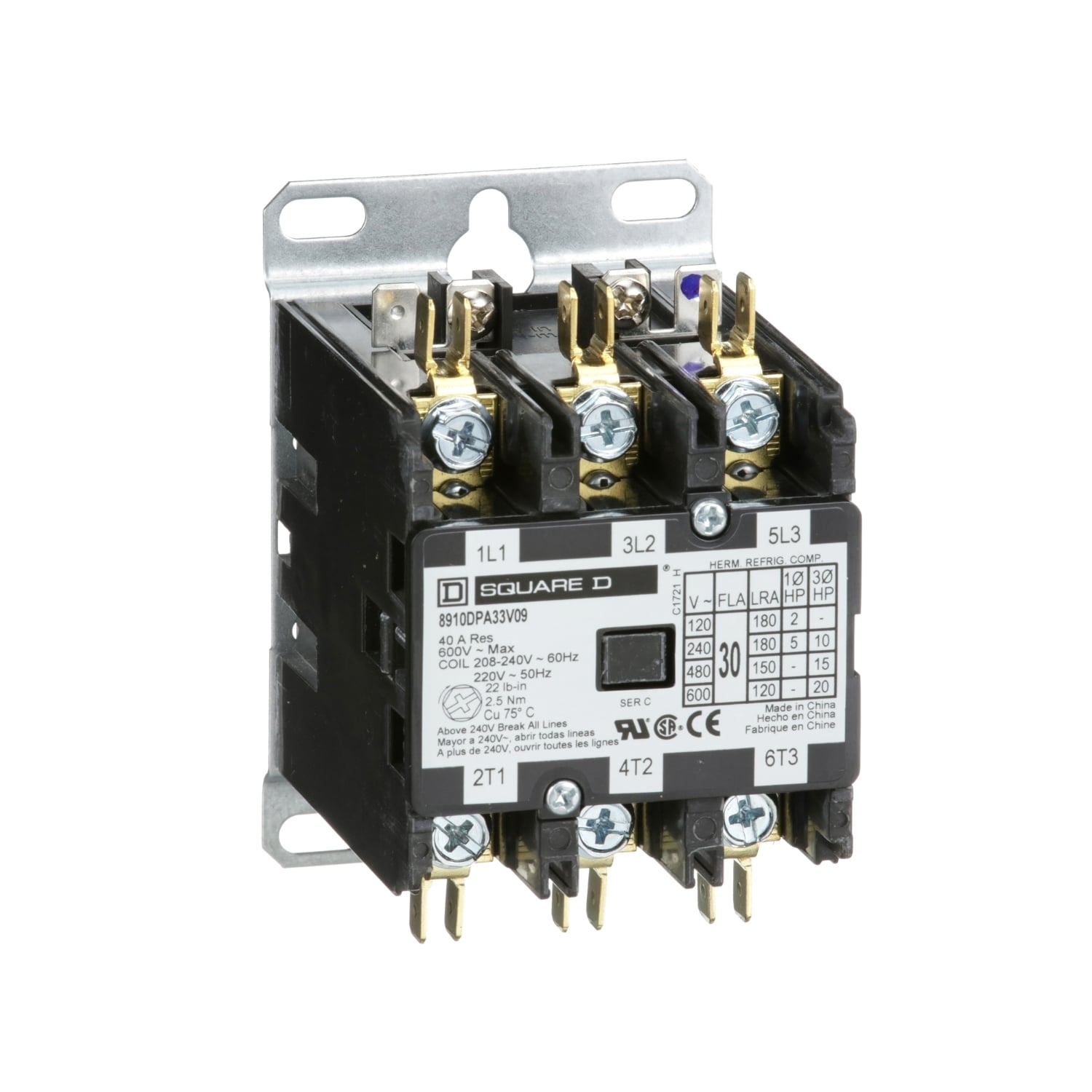 Contactor, Definite Purpose, 30A, 3 pole, 20HP at 575VAC, 3 phase, 208/240VAC 60Hz 220VAC 50Hz coil, open