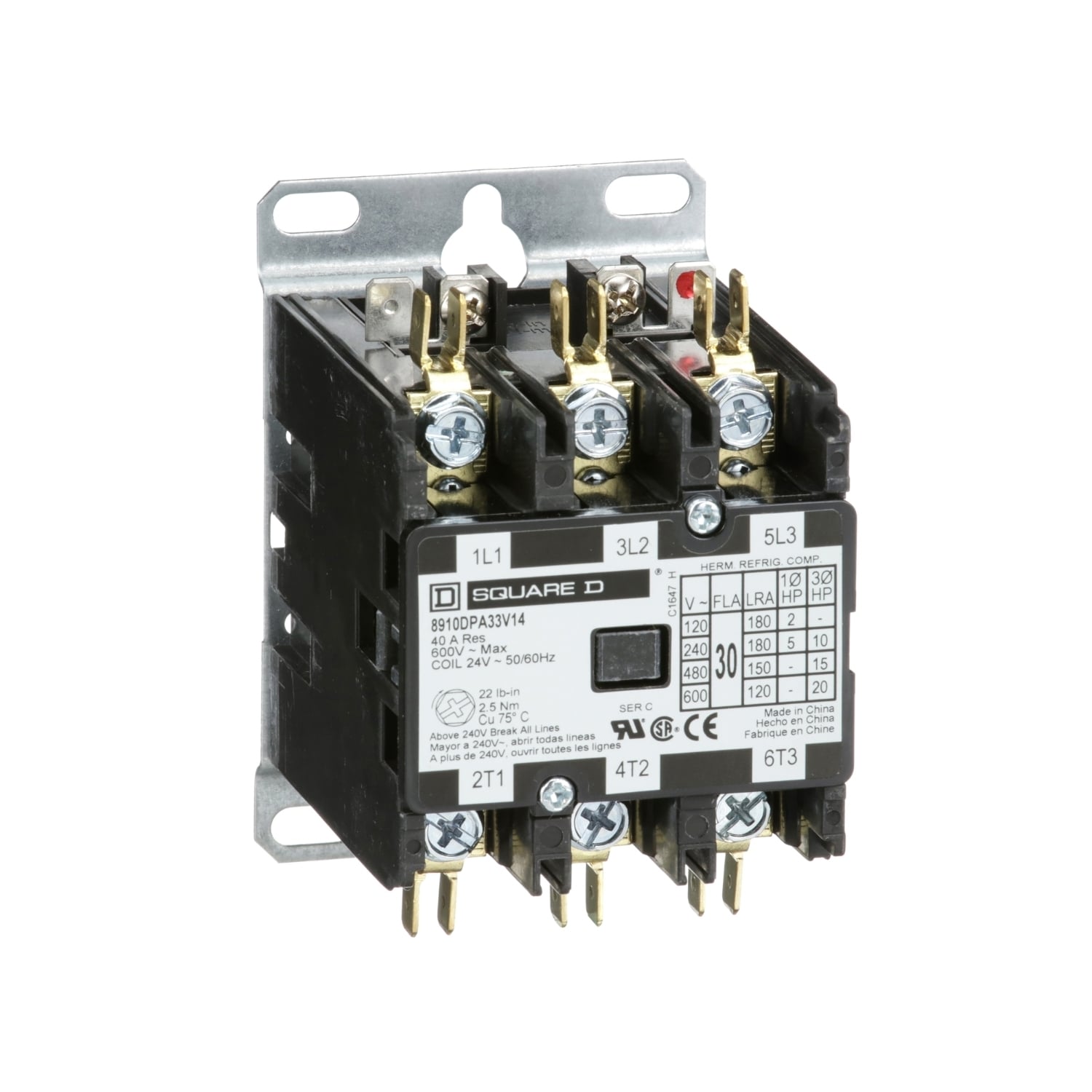 Contactor, Definite Purpose, 30A, 3 pole, 20HP at 575VAC, 3 phase, 24VAC 50/60Hz coil, open