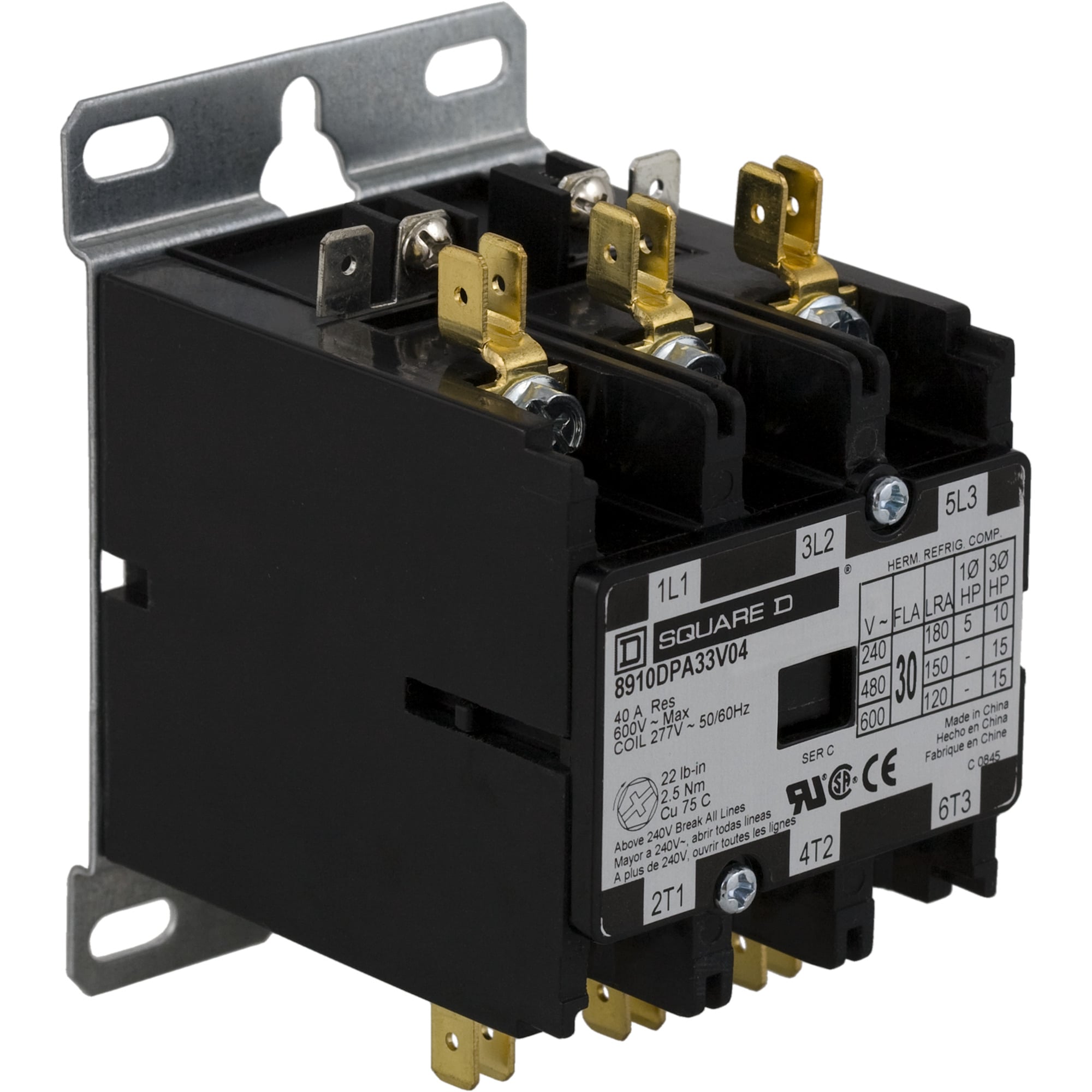 Contactor, Definite Purpose,  30A, 3 pole, 20 HP at 575 VAC, 3 phase, 24/24 VAC 50/60 Hz coil, open, CU/AL box lugs