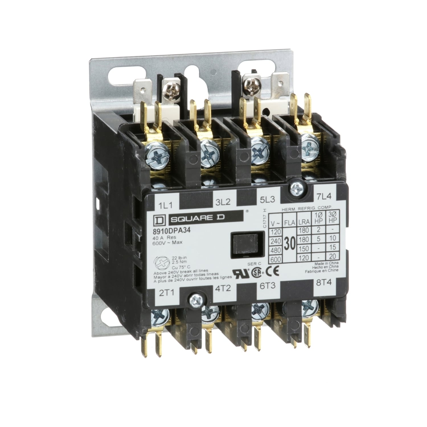 Contactor, Definite Purpose, 30A, 4 pole, 20HP at 575VAC, 3 phase, 24/24VAC 50/60Hz coil, open