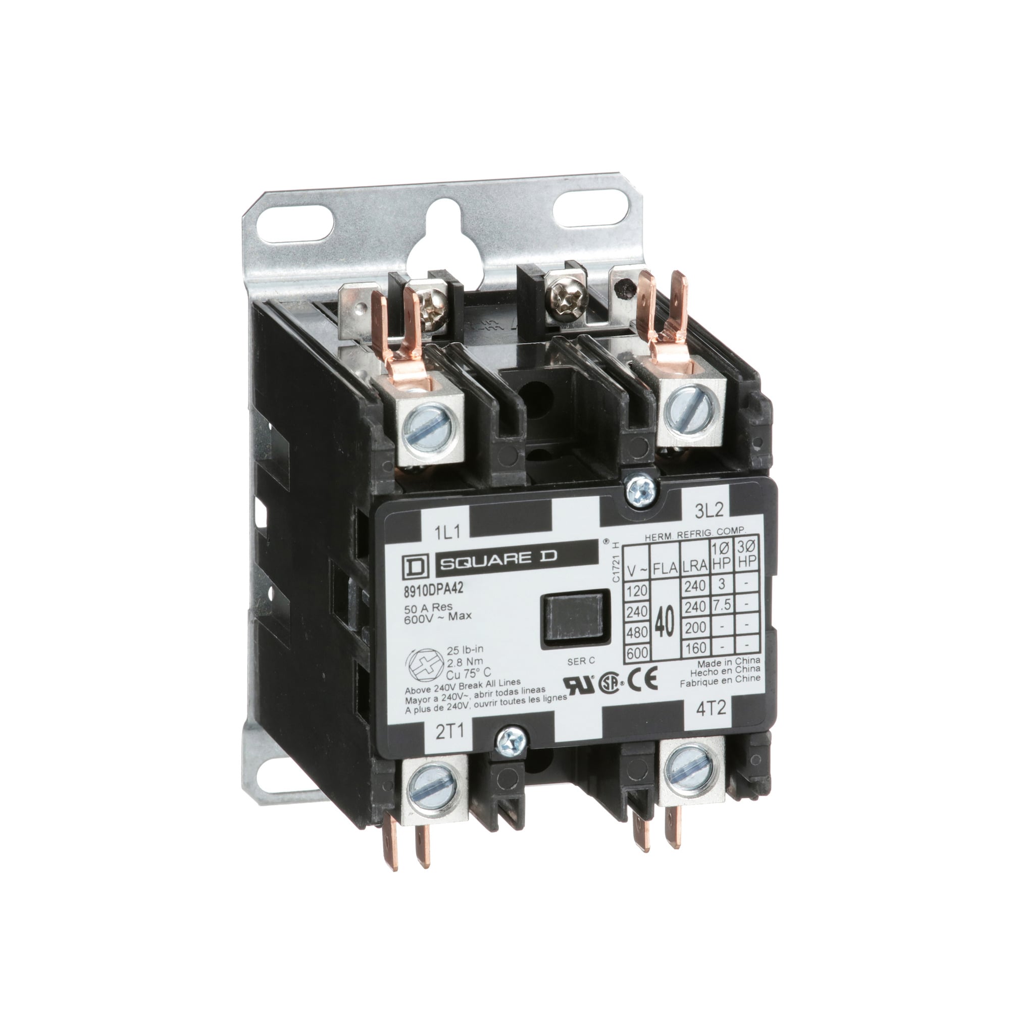 Contactor, Definite Purpose,  40A, 2 pole, 7.5 HP at 230 VAC, 1 phase, 277 VAC 60 Hz coil, open
