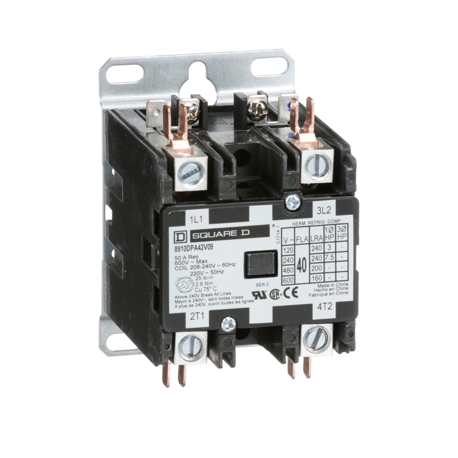 Contactor, Definite Purpose, 40A, 2 pole, 7.5HP at 230VAC, 1 phase, 208/240VAC 60Hz 220VAC 50Hz coil, open