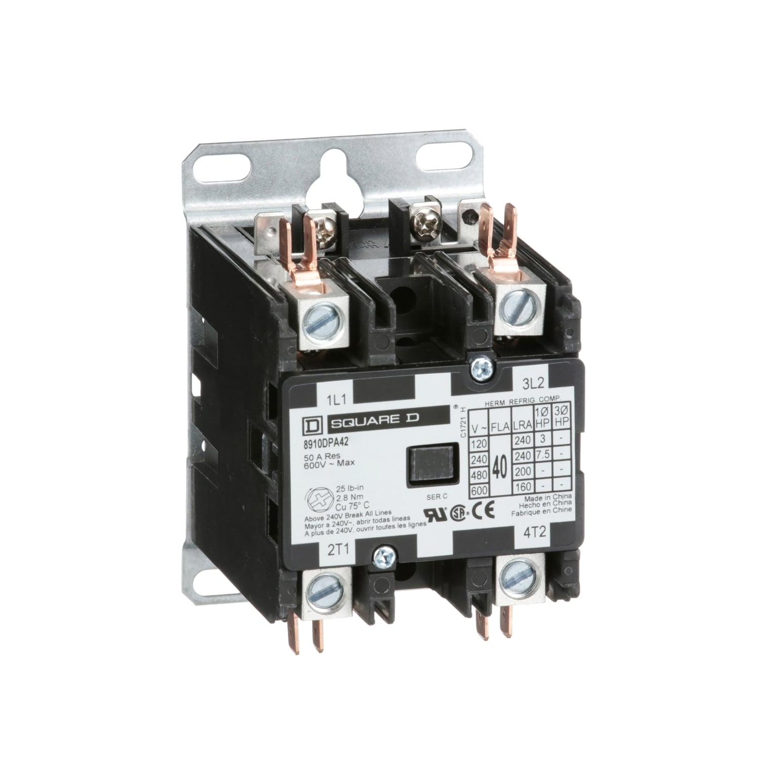 Contactor, Definite Purpose, 40A, 2 pole, 7.5HP at 230VAC, 1 phase, 24/24VAC 50/60Hz coil, open