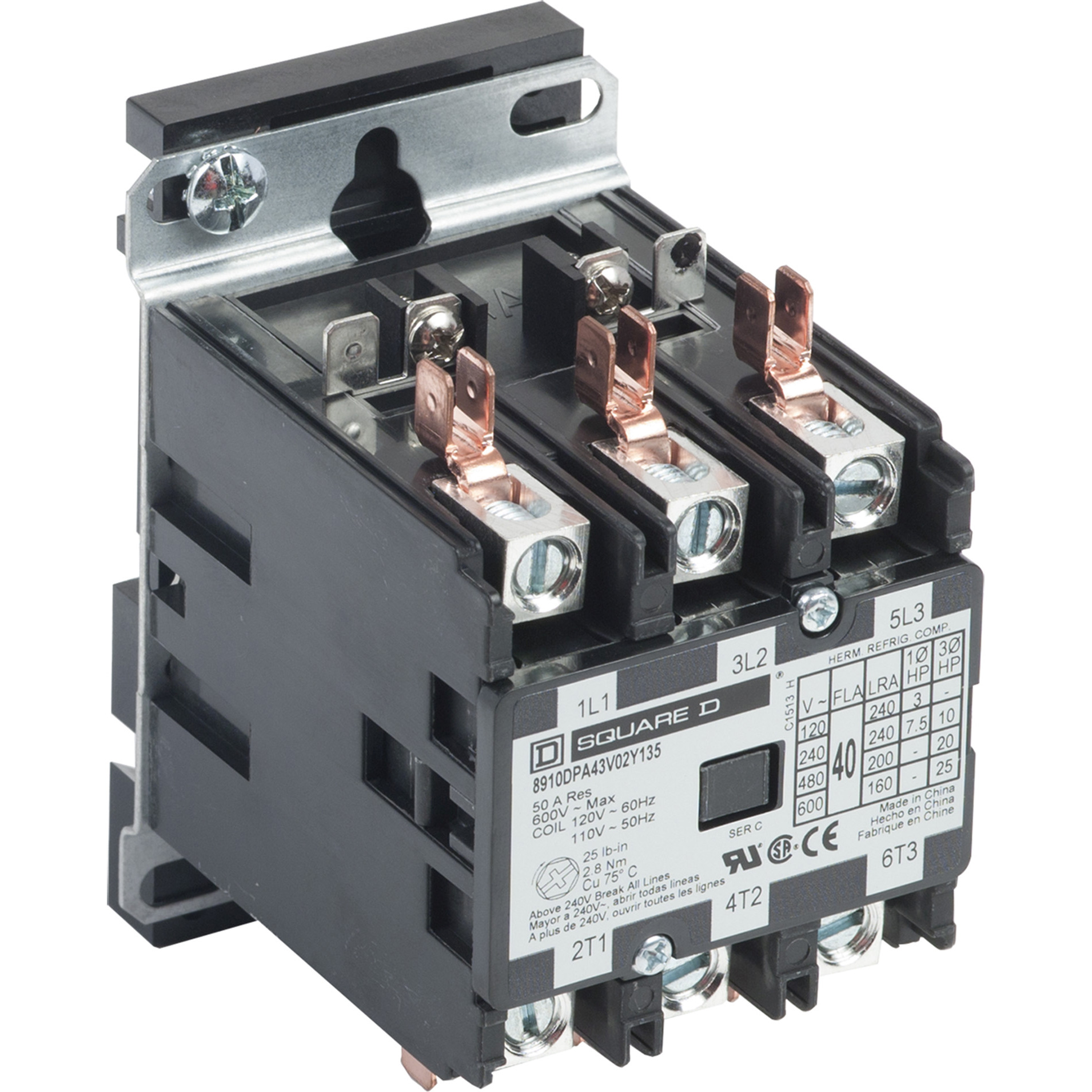 Square D,CONTACTOR 600VAC 40AMP DPA +OPTIONS,120VAC@60Hz - 110VAC@50Hz,3-Phase,3-Pole,Definite Purpose Contactor,Ideal for heating, air conditioning, refrigeration, data processing and food service equipment.,Panel/Din Rail,Quick Connect/Binder Head Screw,UL Recognized - CSA Certified - CE Marked