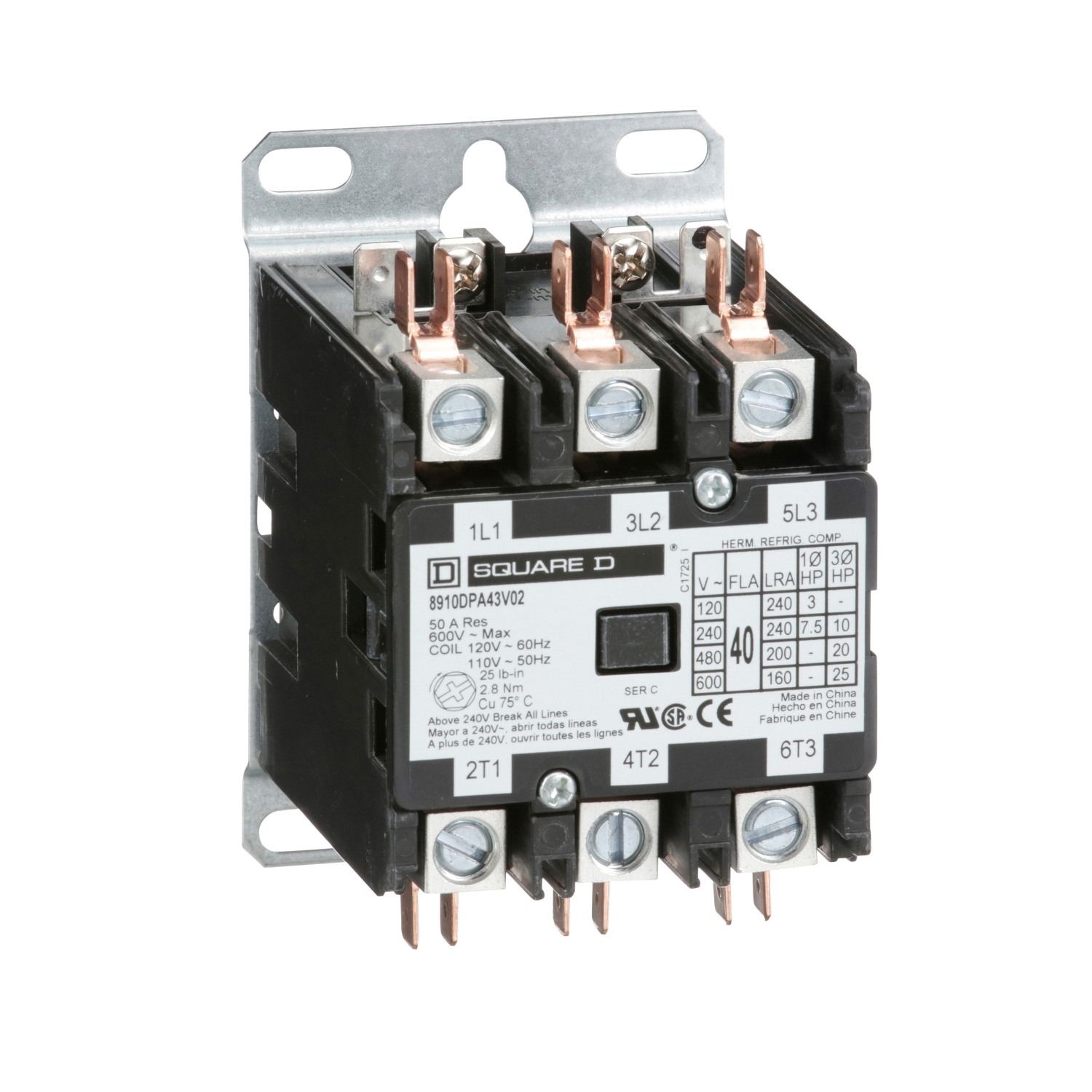 Contactor, Definite Purpose, 40A, 3 pole, 25HP at 575VAC, 3 phase, 110/120VAC 50/60Hz coil, with 2 mounting screws