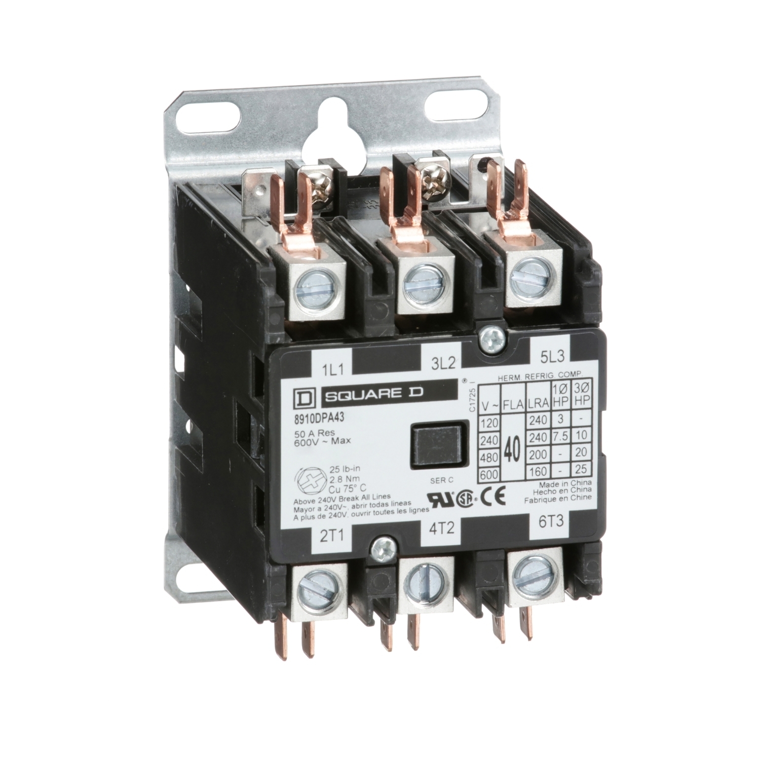 Contactor, Definite Purpose, 40A, 3 pole, 25HP at 575VAC, 3 phase, 440/480VAC 50/60Hz coil, open