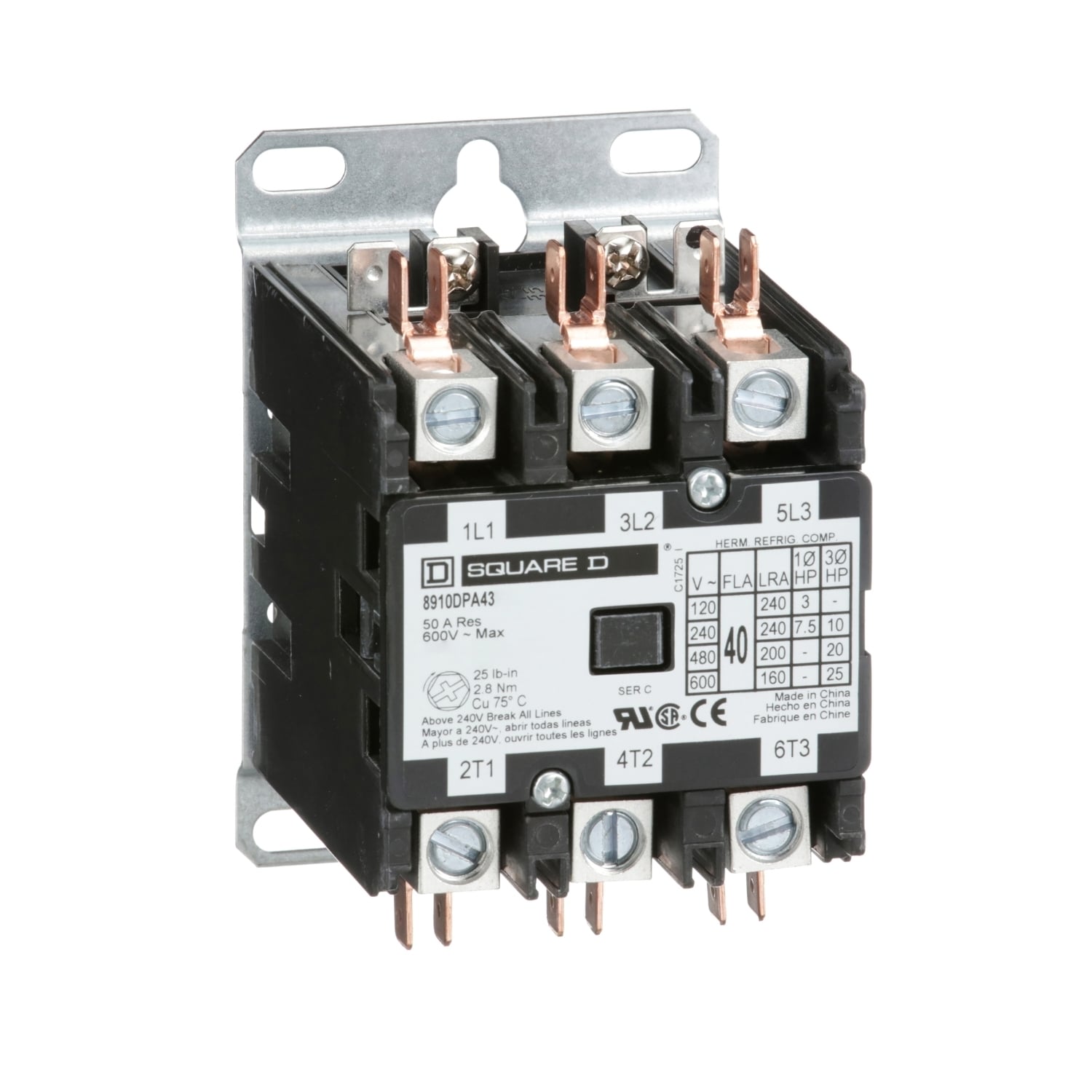 Contactor, Definite Purpose, 40A, 3 pole, 25HP at 575VAC, 3 phase, 550/600VAC 50/60Hz coil, open