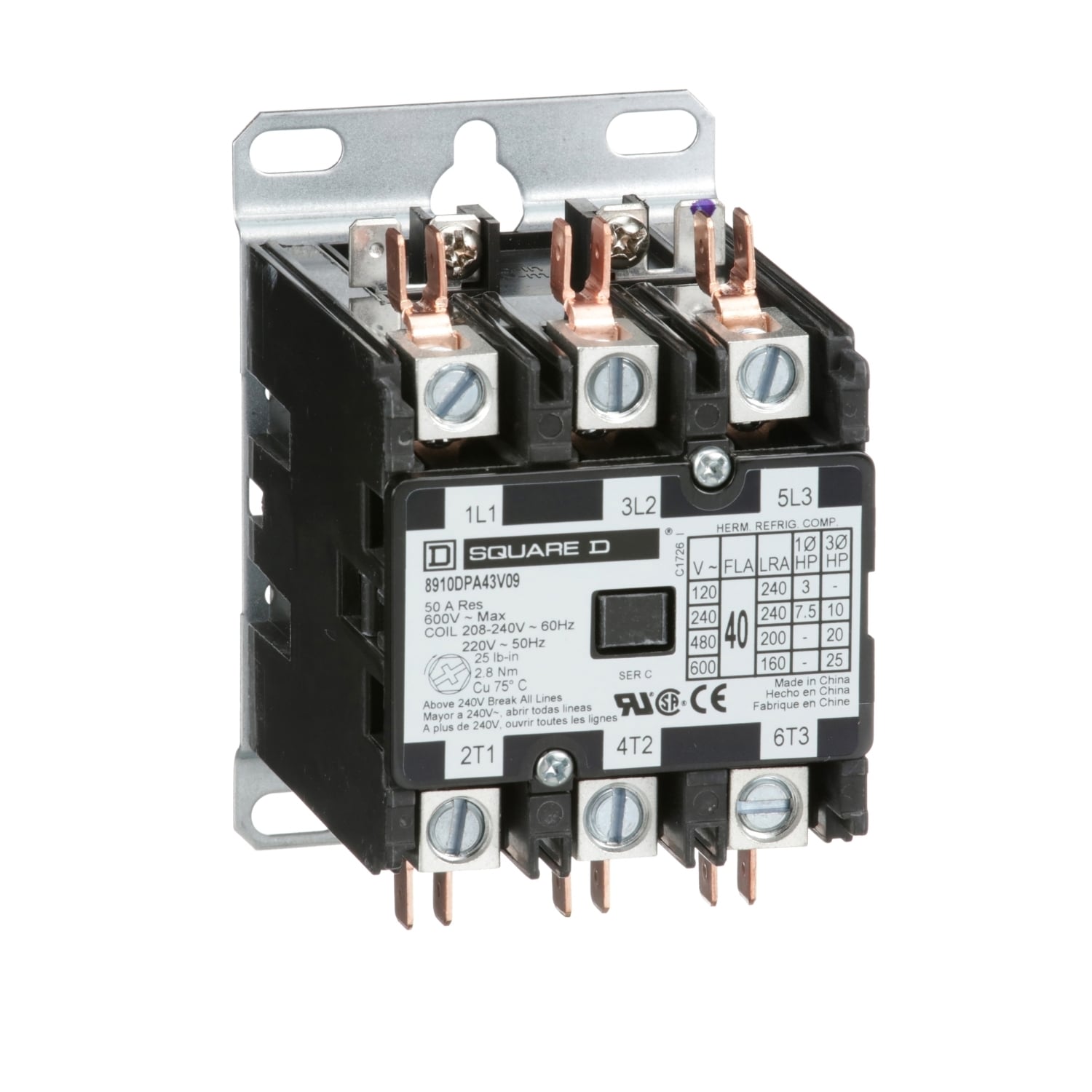 Contactor, Definite Purpose, 40A, 3 pole, 25HP at 575VAC, 3 phase, 208/240VAC 60Hz 220VAC 50Hz coil, open