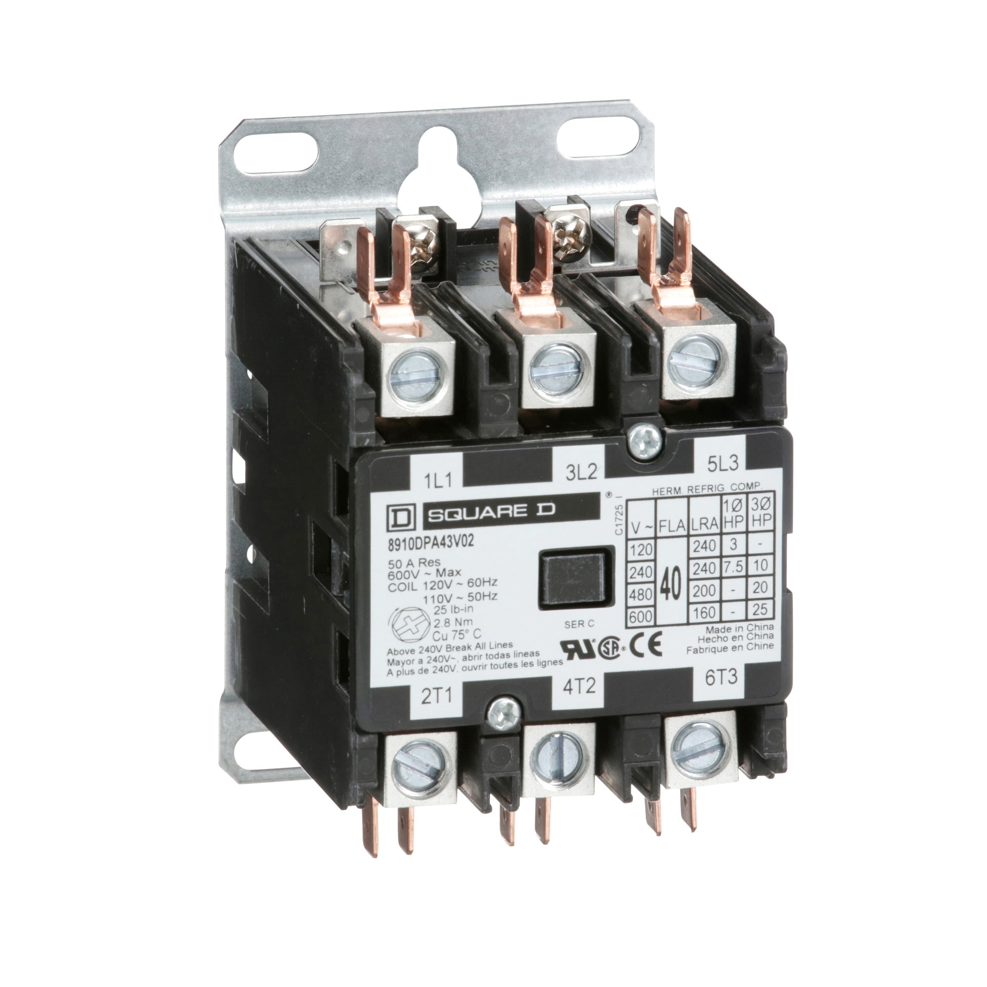Contactor, Definite Purpose,  40A, 3 pole, 25 HP at 575 VAC, 3 phase, 24/24 VAC 50/60 Hz coil, with 2 mounting screws