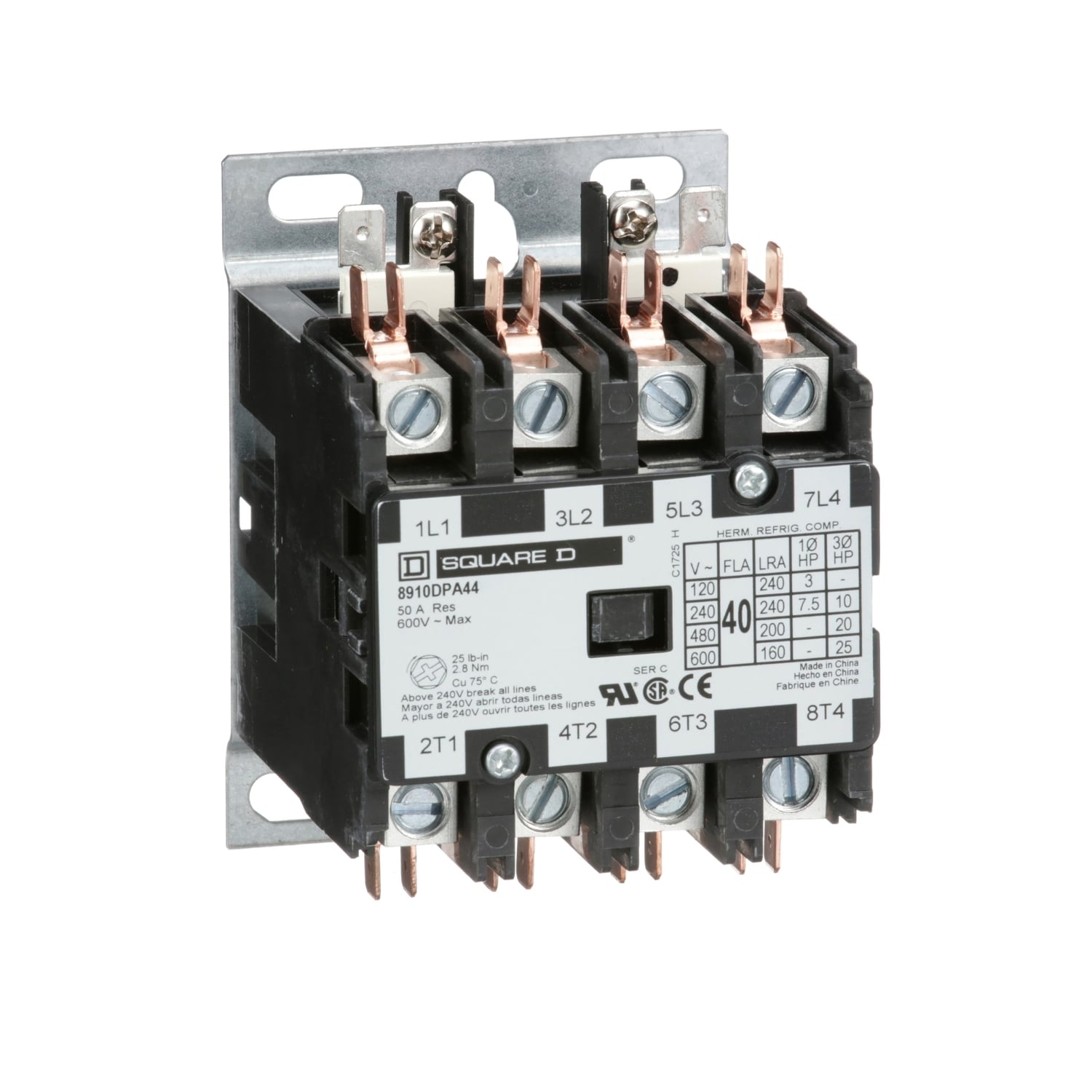 Contactor, Definite Purpose, 40A, 4 pole, 25HP at 575VAC, 3 phase, 277VAC 60Hz coil, open