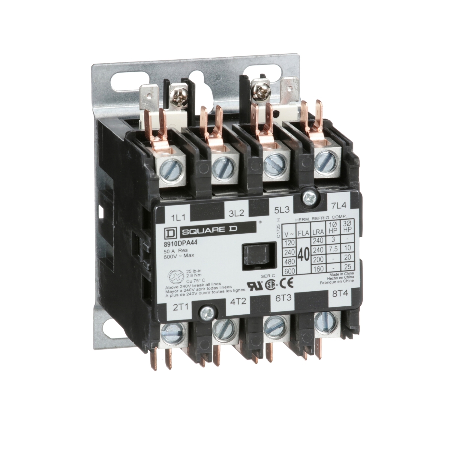 Contactor, Definite Purpose, 40A, 4 pole, 25HP at 575VAC, 3 phase, 208/240VAC 60Hz 220VAC 50Hz coil, open
