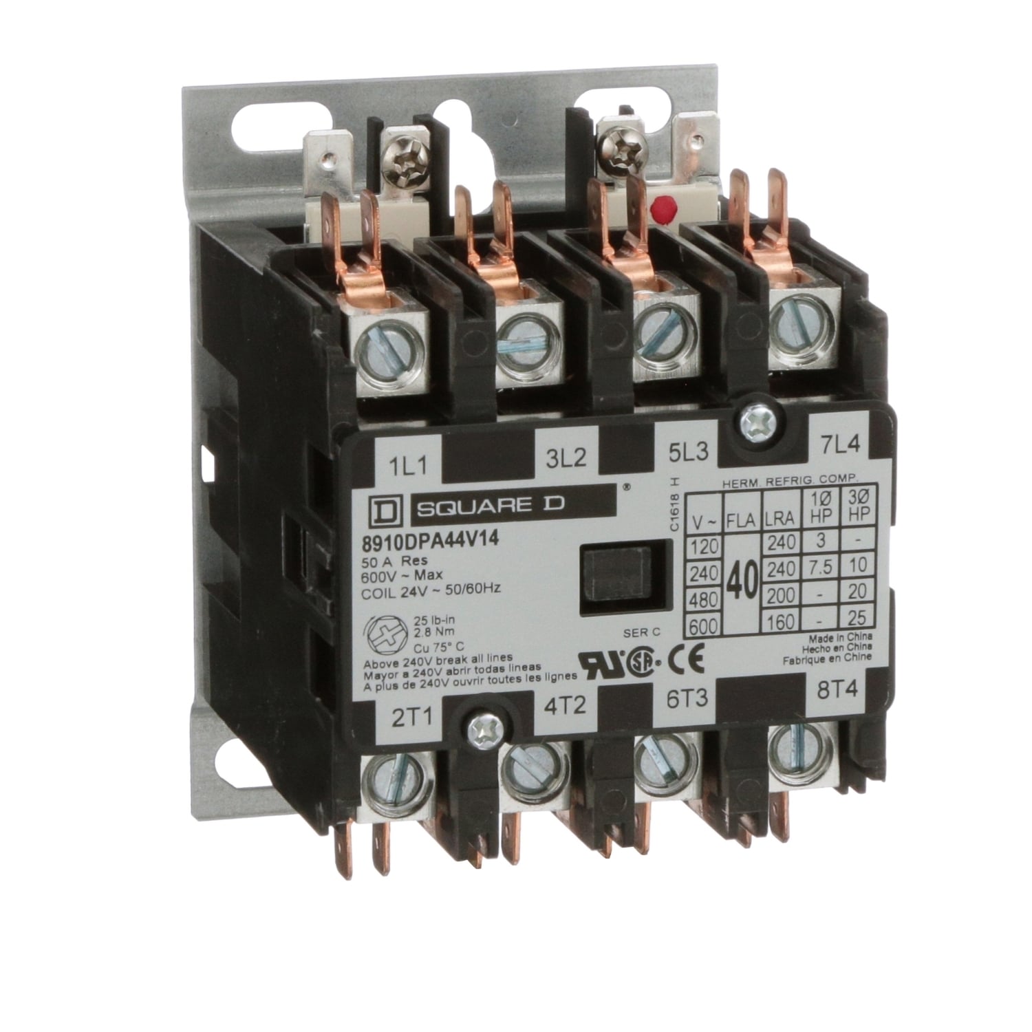 Contactor, Definite Purpose, 40A, 4 pole, 25HP at 575VAC, 3 phase, 24/24VAC 50/60Hz coil, open