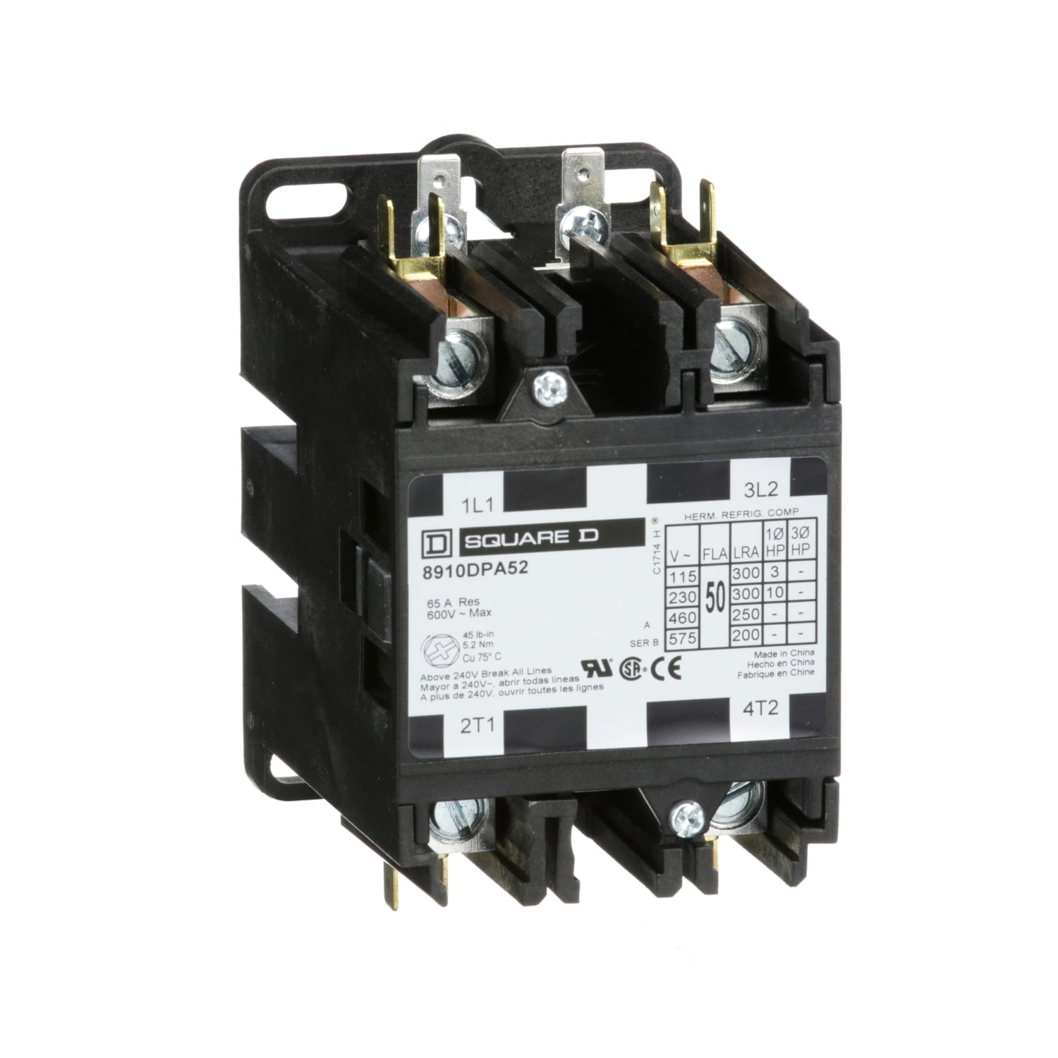 Contactor, Definite Purpose, 50A, 2 pole, 10HP at 230VAC, 1 phase, 208/240VAC 60Hz 220VAC 50Hz coil, open