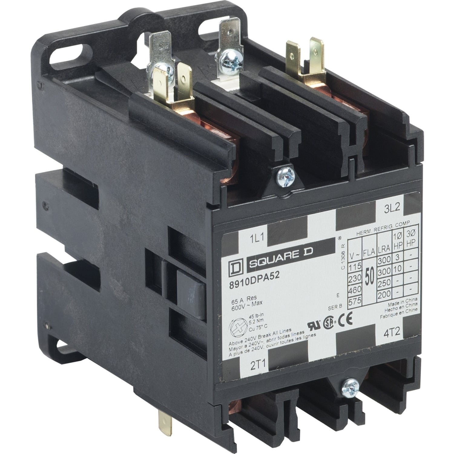 Contactor, Definite Purpose, 50A, 2 pole, 10HP at 230VAC, 1 phase, 24/24VAC 50/60Hz coil, open