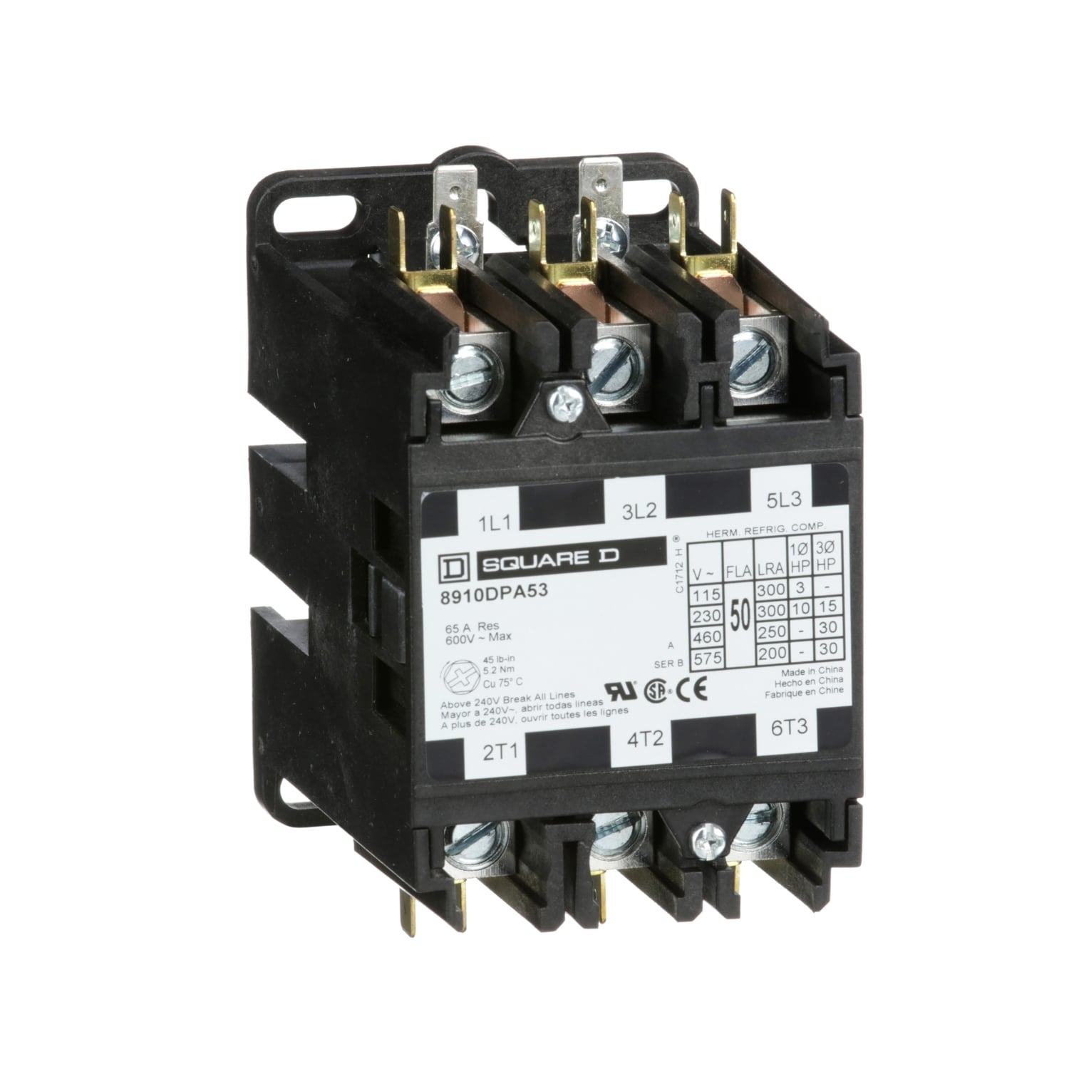 Contactor, Definite Purpose, 50A, 3 pole, 30HP at 575VAC, 3 phase, 440/480VAC 50/60Hz coil, open