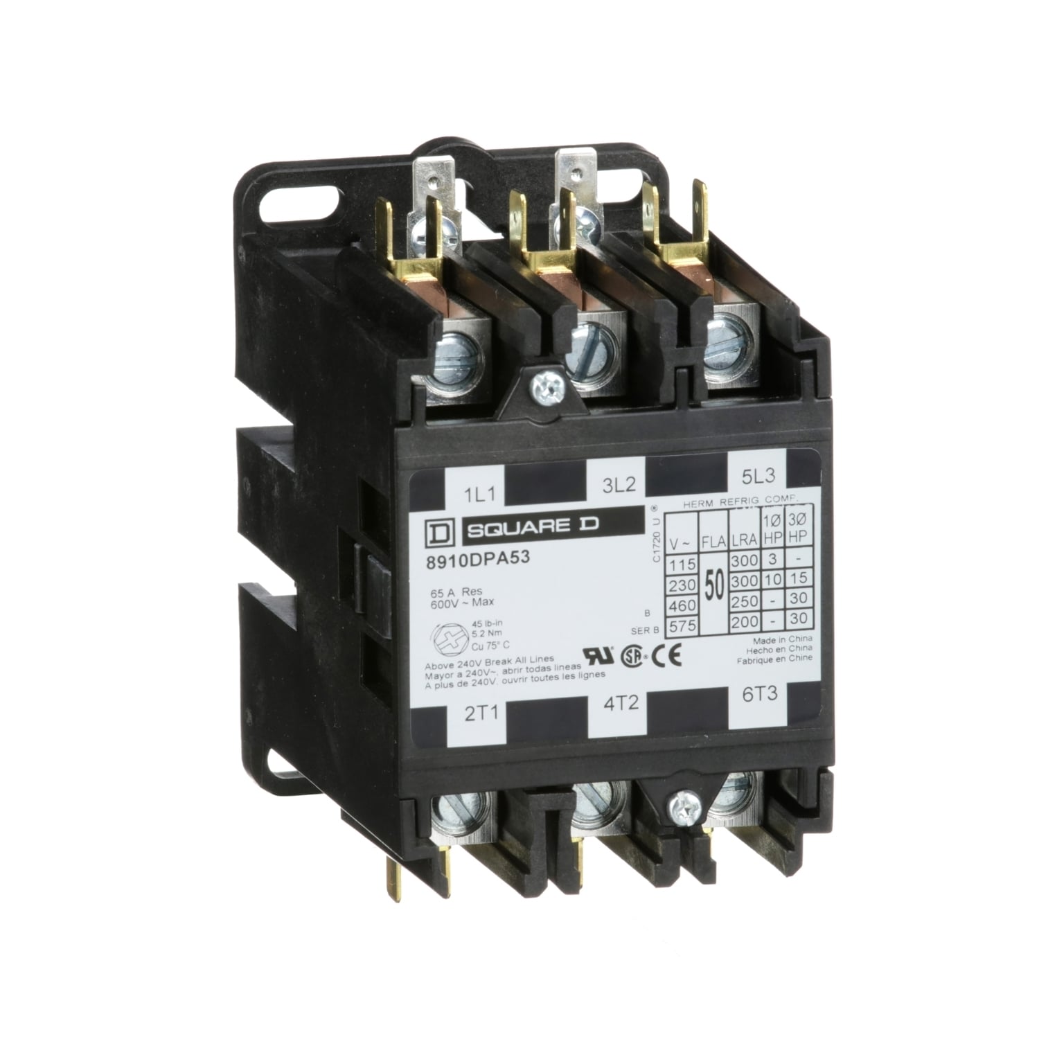 Contactor, Definite Purpose, 50A, 3 pole, 30HP at 575VAC, 3 phase, 208/240VAC 60Hz 220VAC 50Hz coil, open