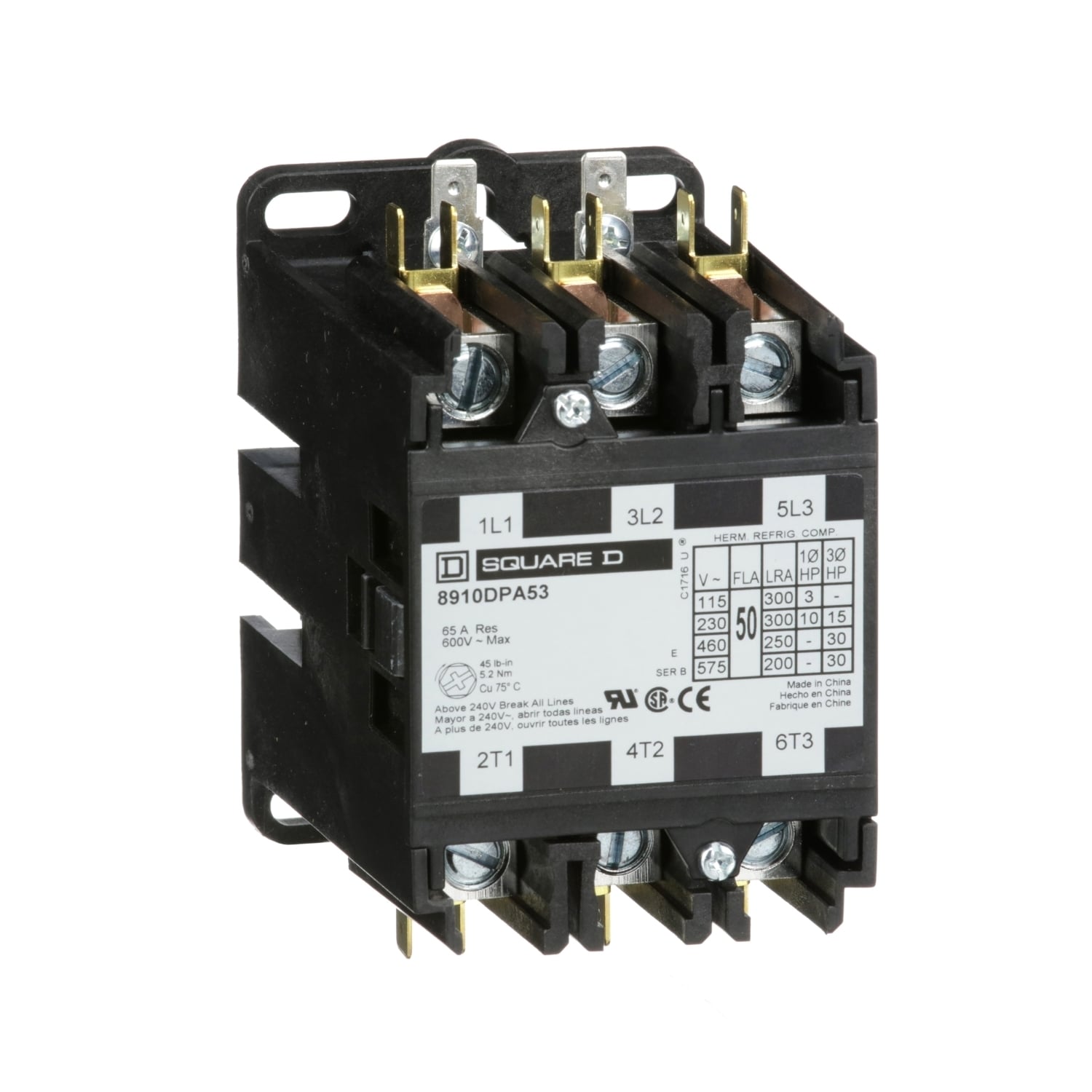 Contactor, Definite Purpose, 50A, 3 pole, 30HP at 575VAC, 3 phase, 24/24VAC 50/60Hz coil, open