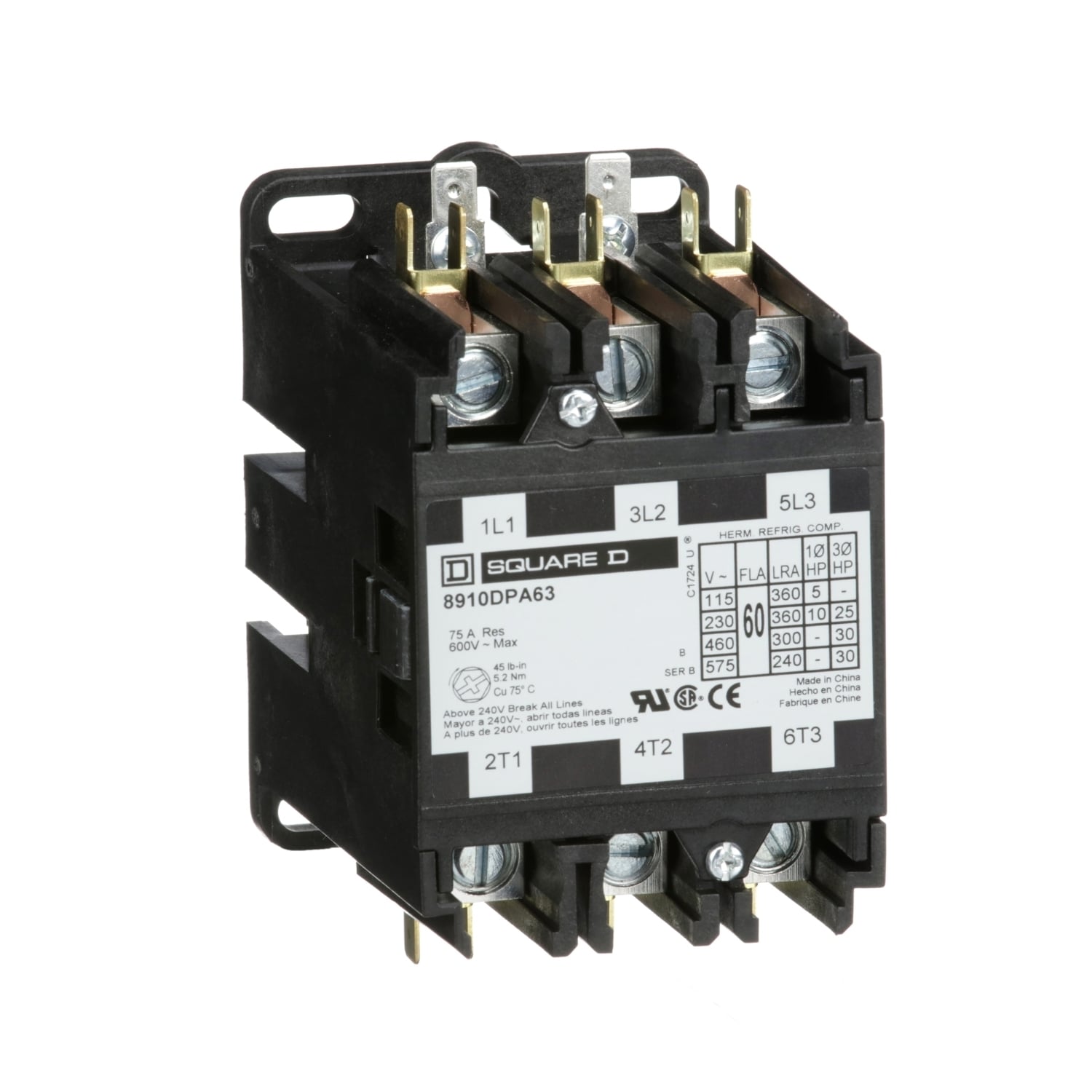 Contactor, Definite Purpose, 60A, 3 pole, 30HP at 575VAC, 3 phase, 208/240VAC 60Hz 220VAC 50Hz coil, open