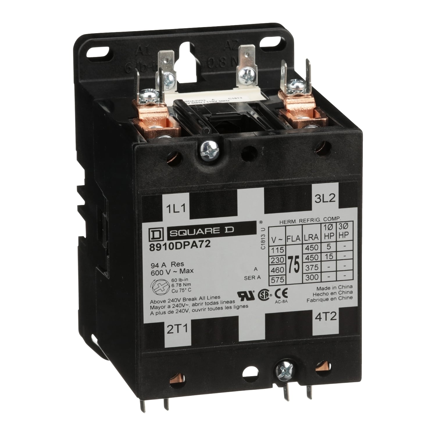 Contactor, Definite Purpose, 75A, 2 pole, 15HP at 230VAC, 1 phase, 24/24VAC 50/60Hz coil, open