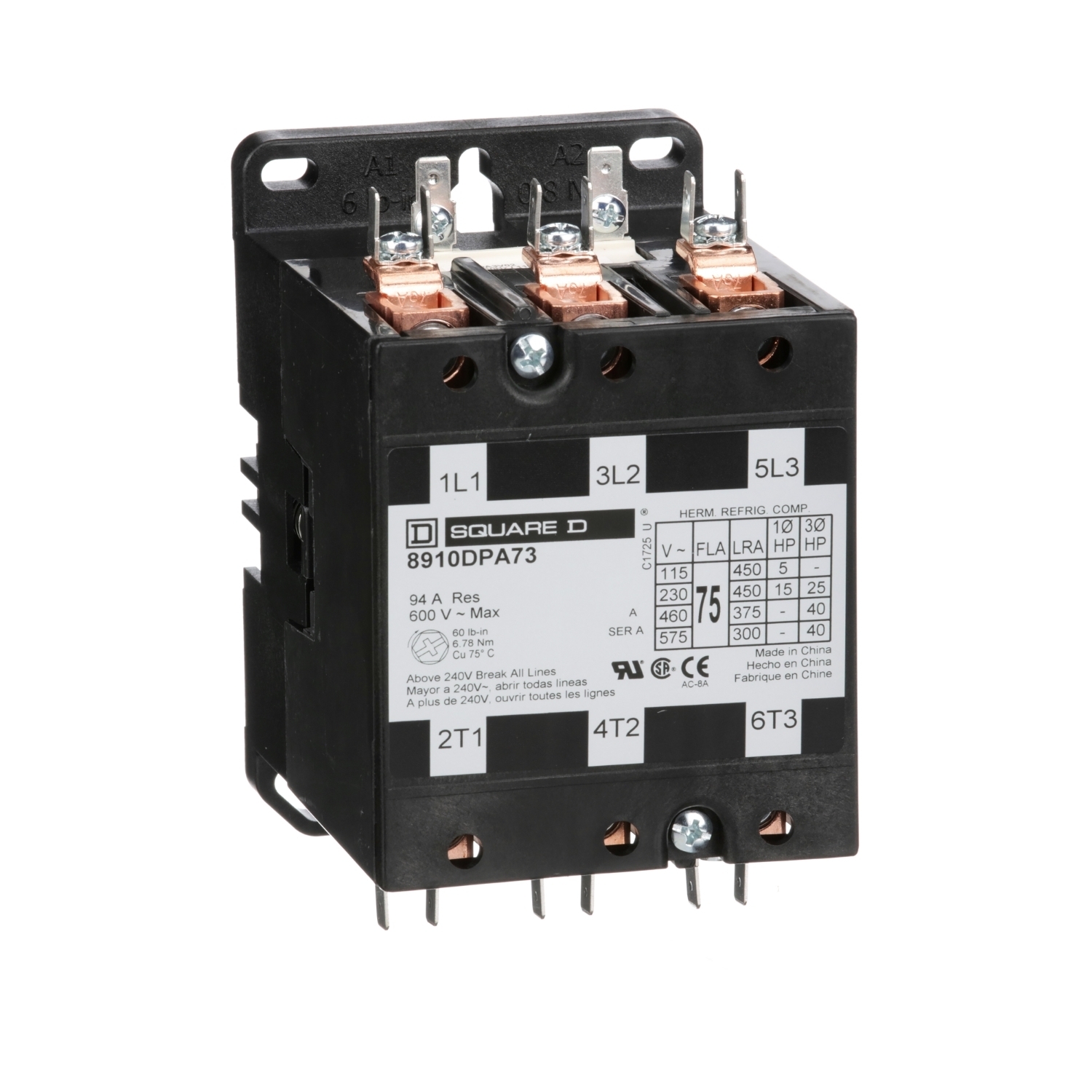 Contactor, Definite Purpose, 75A, 3 pole, 40HP at 575VAC, 3 phase, 110/120VAC 50/60Hz coil, open