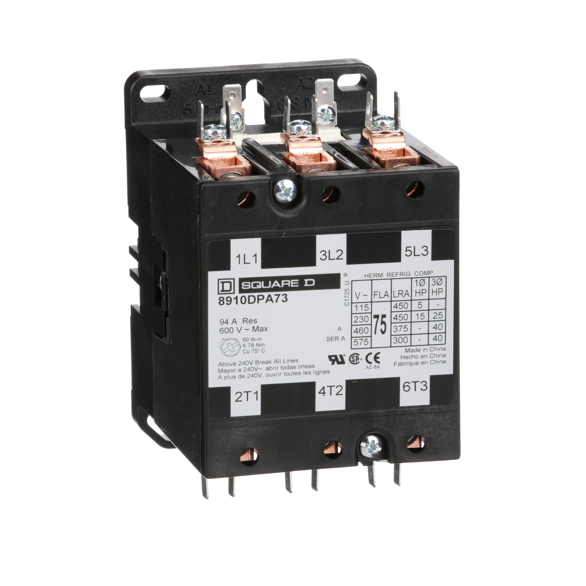 Contactor, Definite Purpose,  75A, 3 pole, 40 HP at 575 VAC, 3 phase, 208/240 VAC 60 Hz 220 VAC 50 Hz coil, open