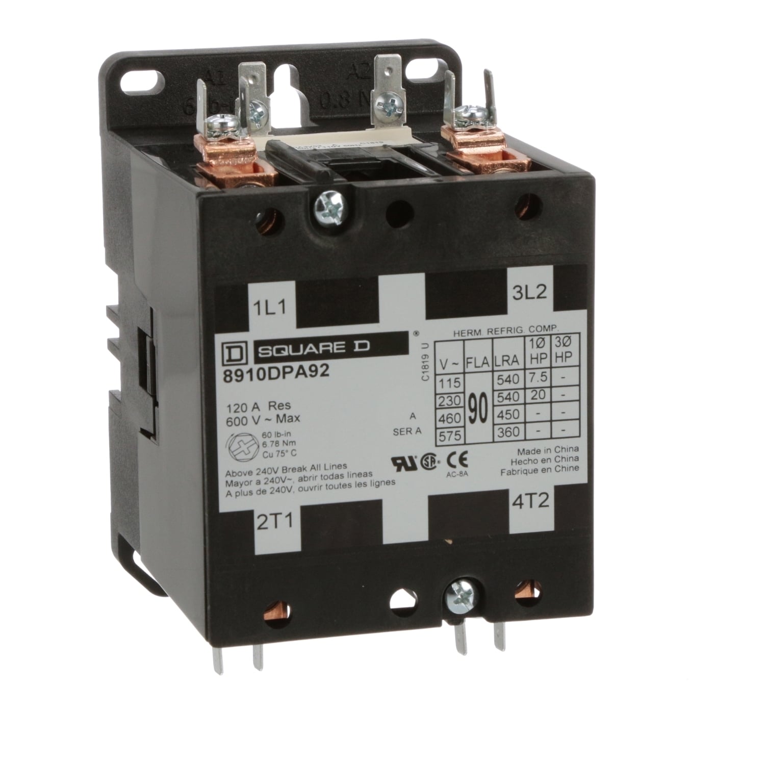 Contactor, Definite Purpose, 90A, 2 pole, 20HP at 230VAC, 1 phase, 110/120VAC 50/60Hz coil, open