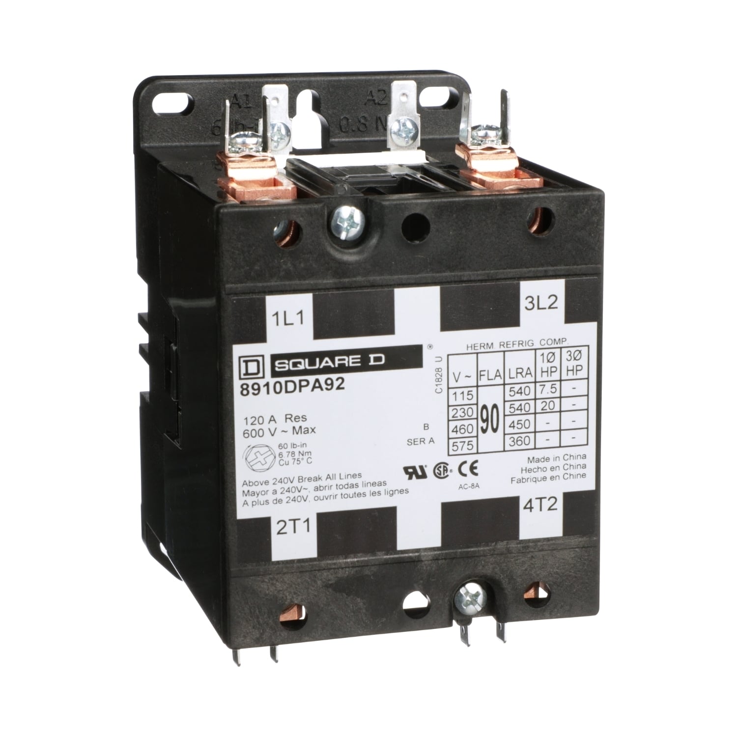 Contactor, Definite Purpose, 90A, 2 pole, 20 HP at 230 VAC, 1 phase, 208/240 VAC 60 Hz 220 VAC 50 Hz coil, open