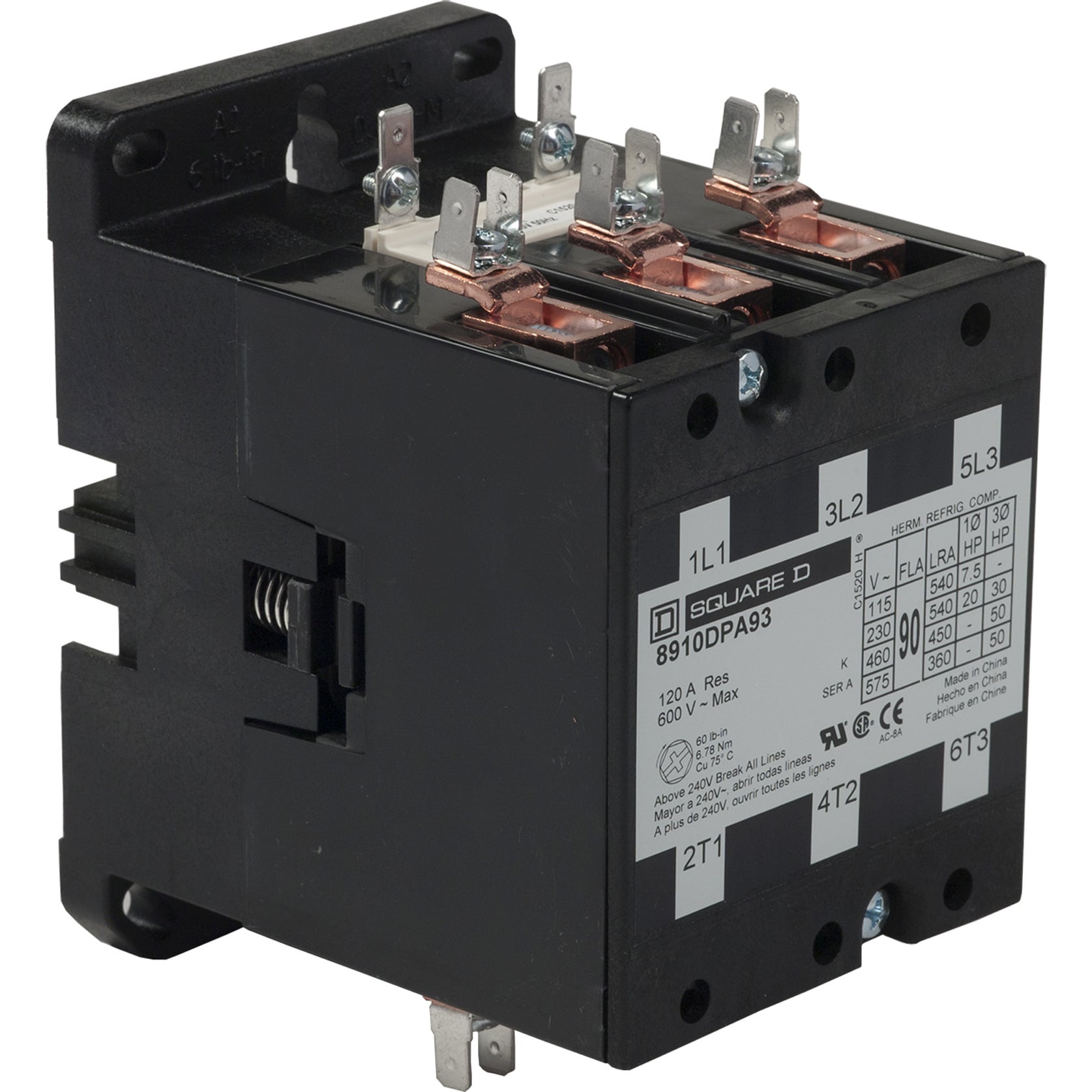 Contactor, Definite Purpose,  90A, 3 pole, 50 HP at 575 VAC, 3 phase, 277 VAC 60 Hz coil, open