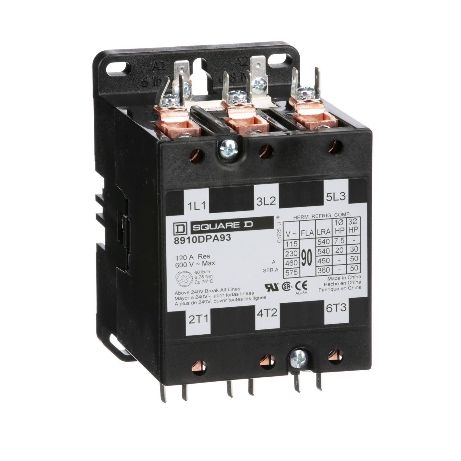 Contactor, Definite Purpose, 90A, 3 pole, 50HP at 575VAC, 3 phase, 440/480VAC 50/60Hz coil, open