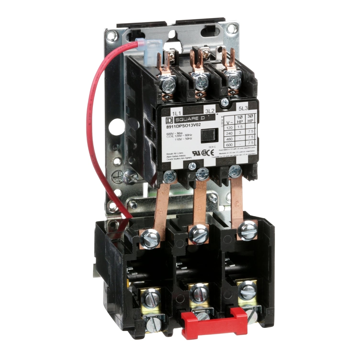 NEMA starter, Definite Purpose, 20A, 7.5HP at 600VAC, 3 phase, 3 pole, melting alloy, 120VAC coil, open