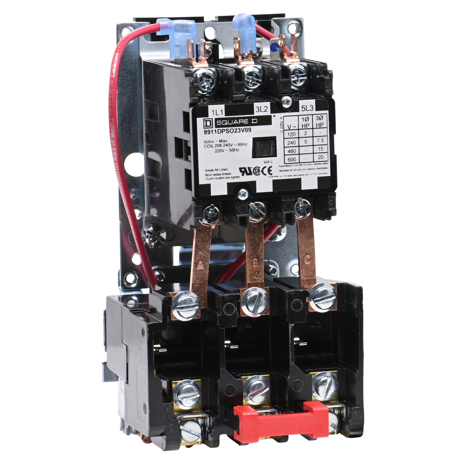 NEMA starter, Definite Purpose, 25A, 20HP at 600VAC, 3 phase, 3 pole, melting alloy, 208V to 240VAC coil, open