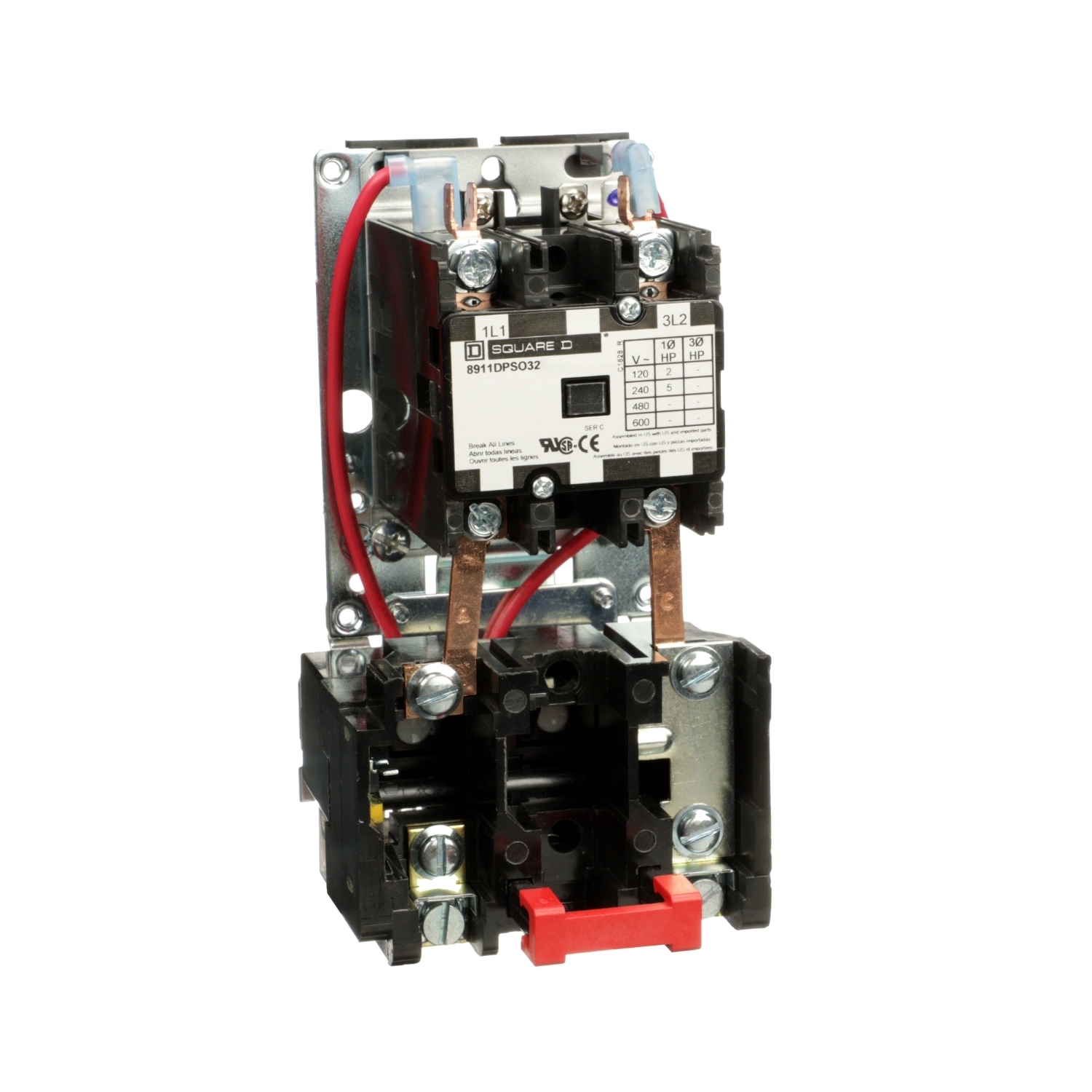 NEMA starter, Type DPS, reversing, horizontal, Size 4, 135A, 100 HP at 575VAC, 10kA SCCR, 3 phase, 3 pole, melting alloy overload, 120VAC coil, open